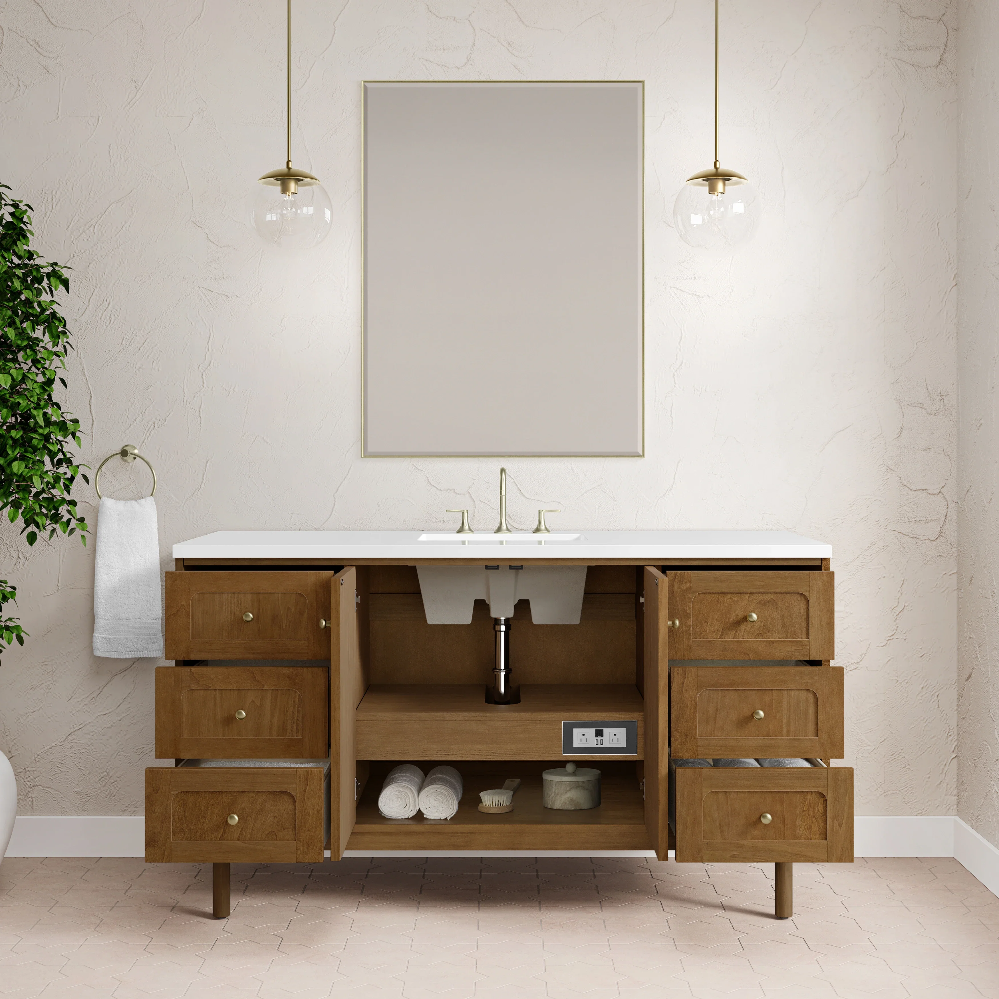 Laurent 60" Single Vanity, Honey Oak w/ 3 CM White Zeus Silestone Top