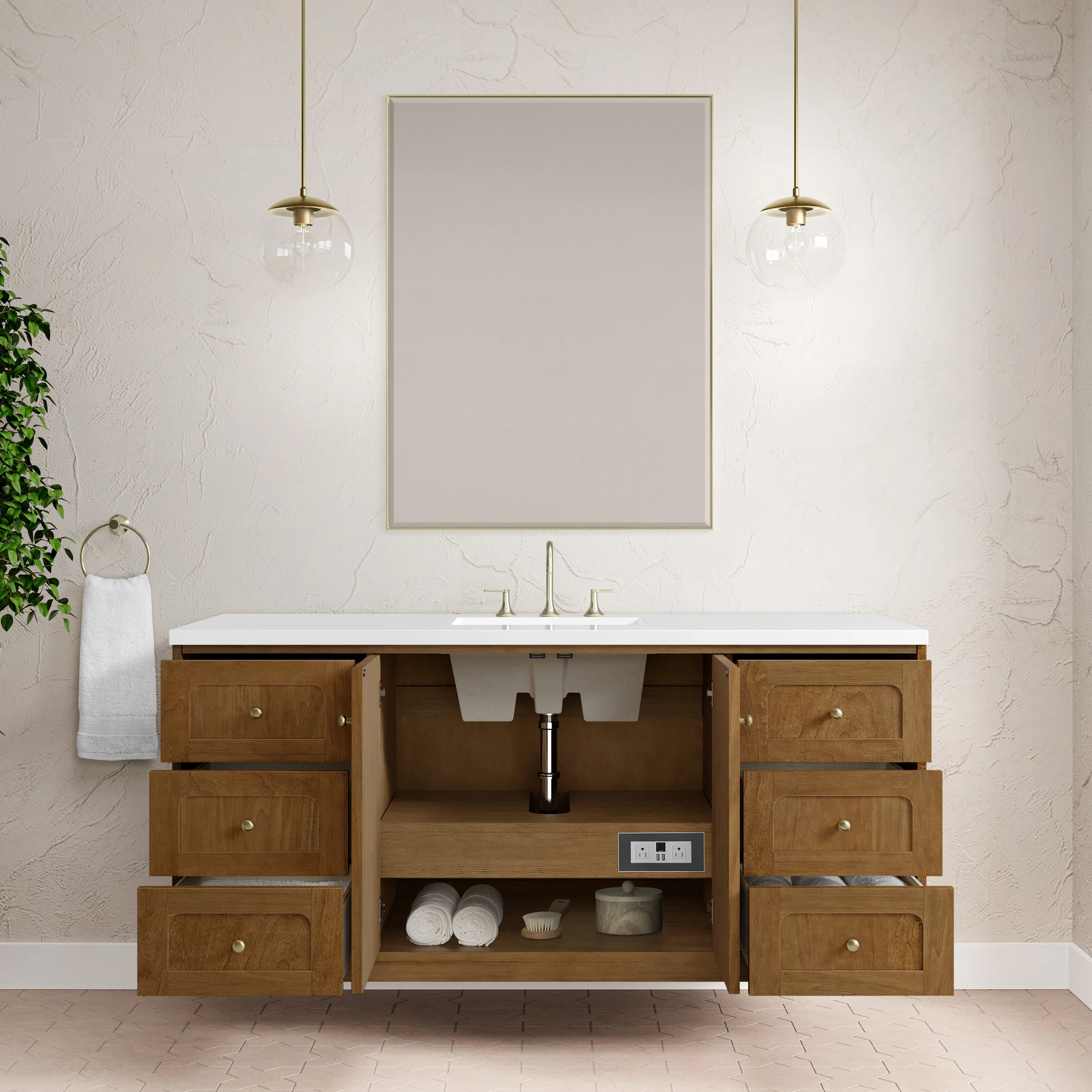 Laurent 60" Single Vanity, Honey Oak w/ 3 CM White Zeus Silestone Top