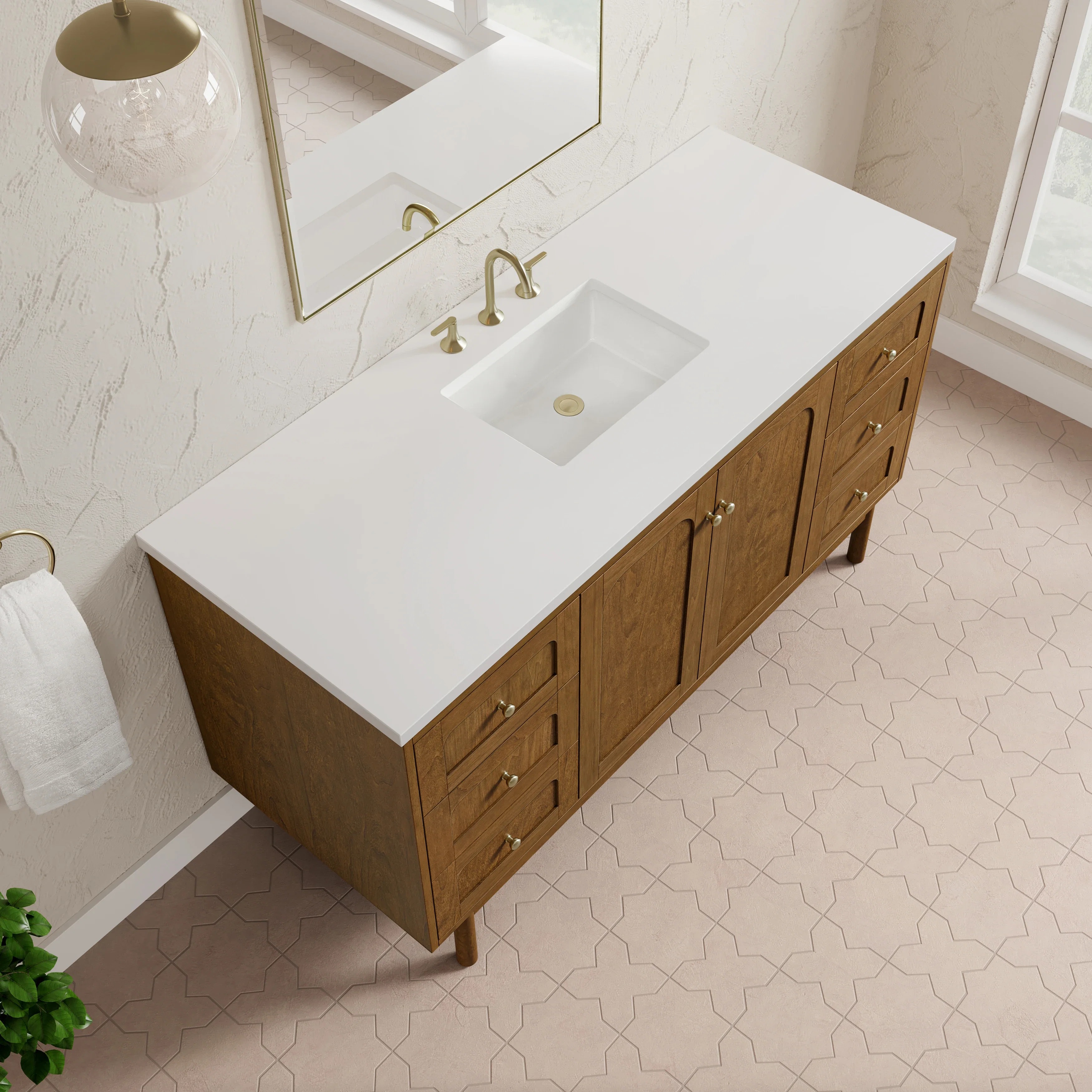Laurent 60" Single Vanity, Honey Oak w/ 3 CM White Zeus Silestone Top