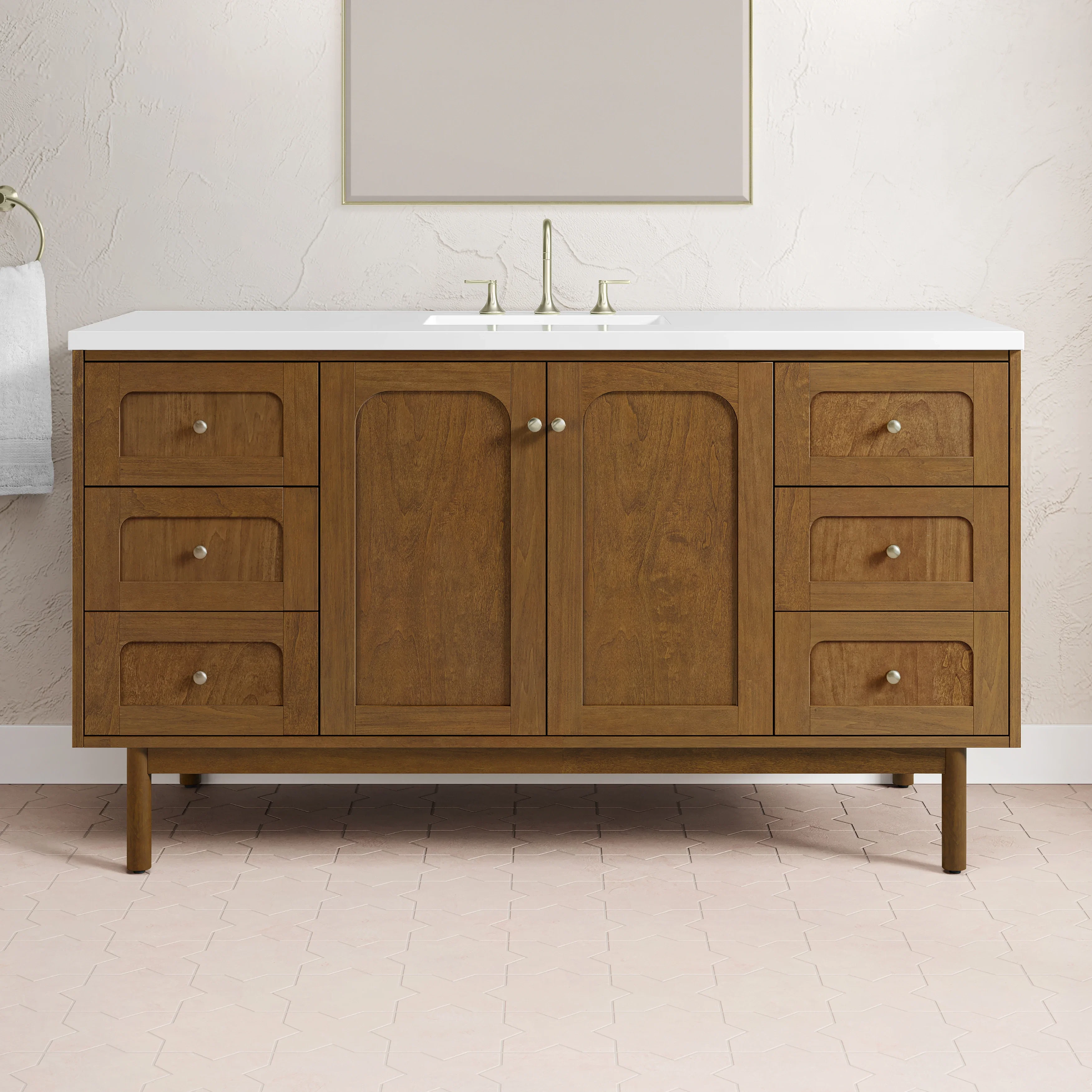 Laurent 60" Single Vanity, Honey Oak w/ 3 CM White Zeus Silestone Top