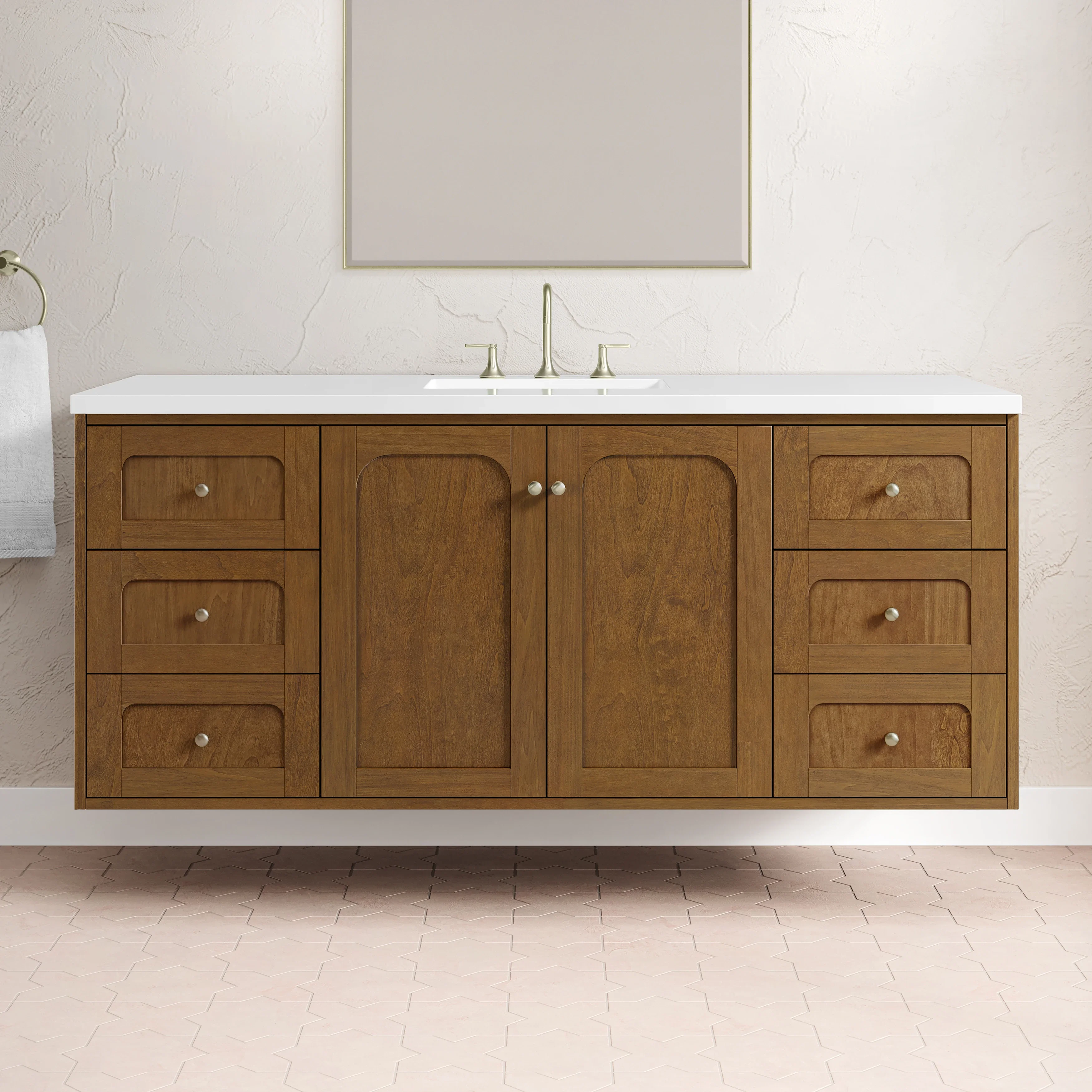 Laurent 60" Single Vanity, Honey Oak w/ 3 CM White Zeus Silestone Top