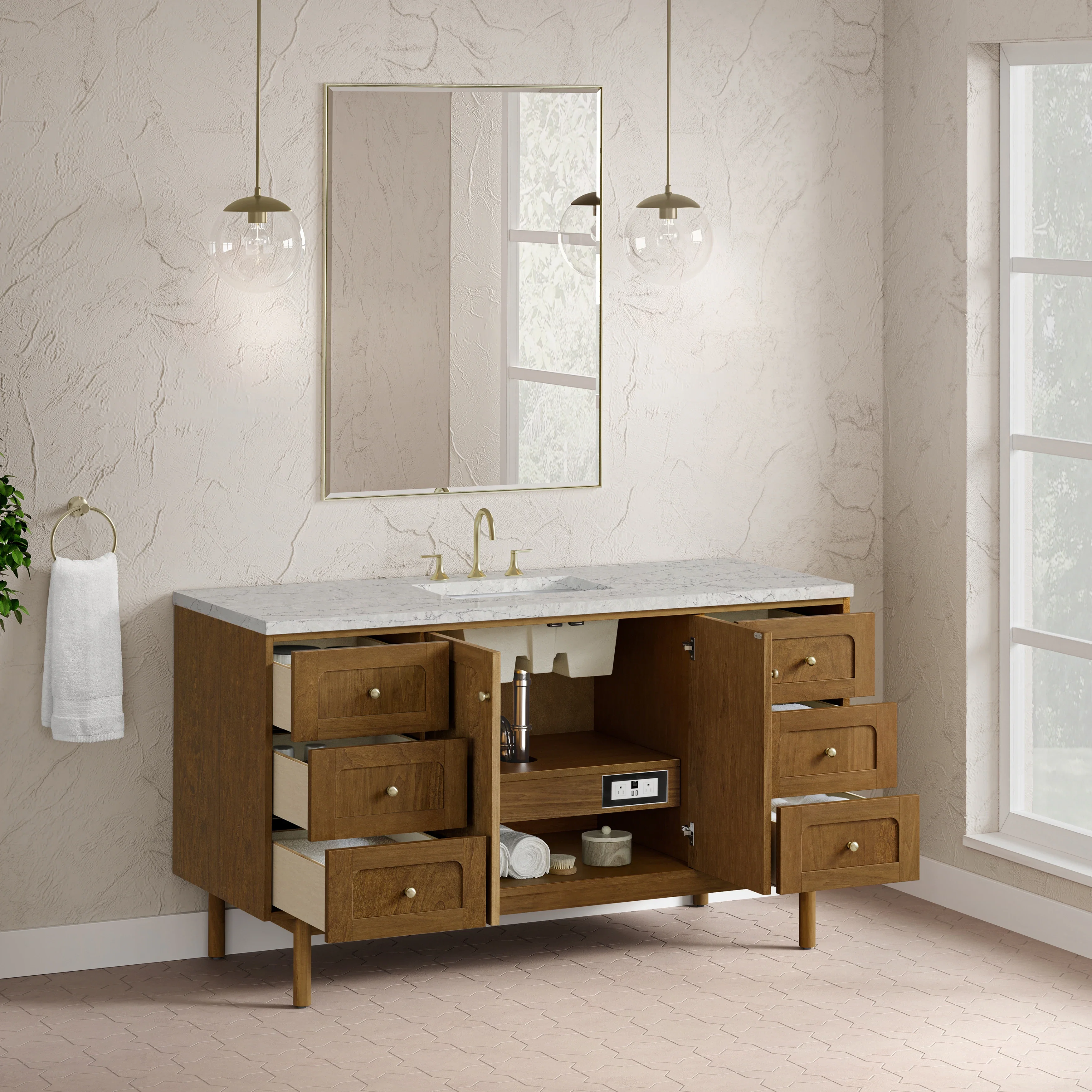 Laurent 60" Single Vanity, Honey Oak w/ 3 CM Eternal Jasmine Pearl Silestone Top w/FreePower Wireless Charger