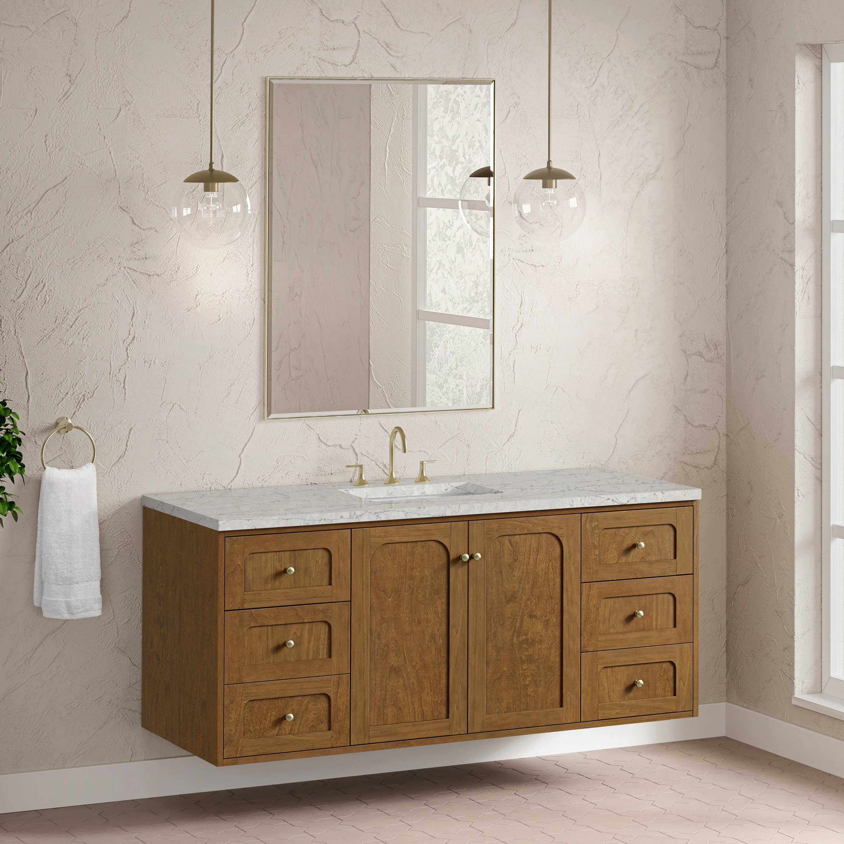 Laurent 60" Single Vanity, Honey Oak w/ 3 CM Eternal Jasmine Pearl Silestone Top w/FreePower Wireless Charger
