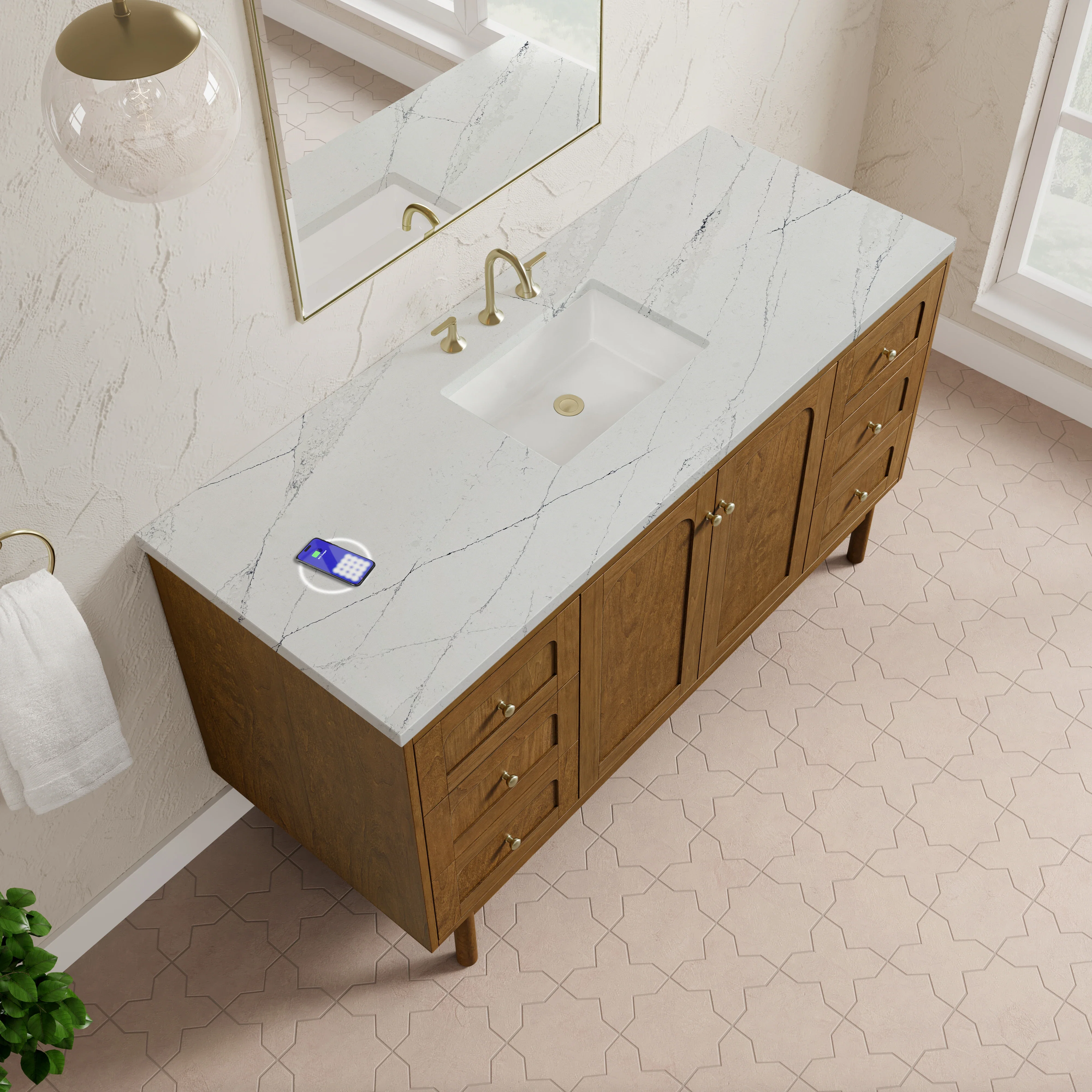 Laurent 60" Single Vanity, Honey Oak w/ 3 CM Ethereal Noctis Silestone Top w/FreePower Wireless Charger
