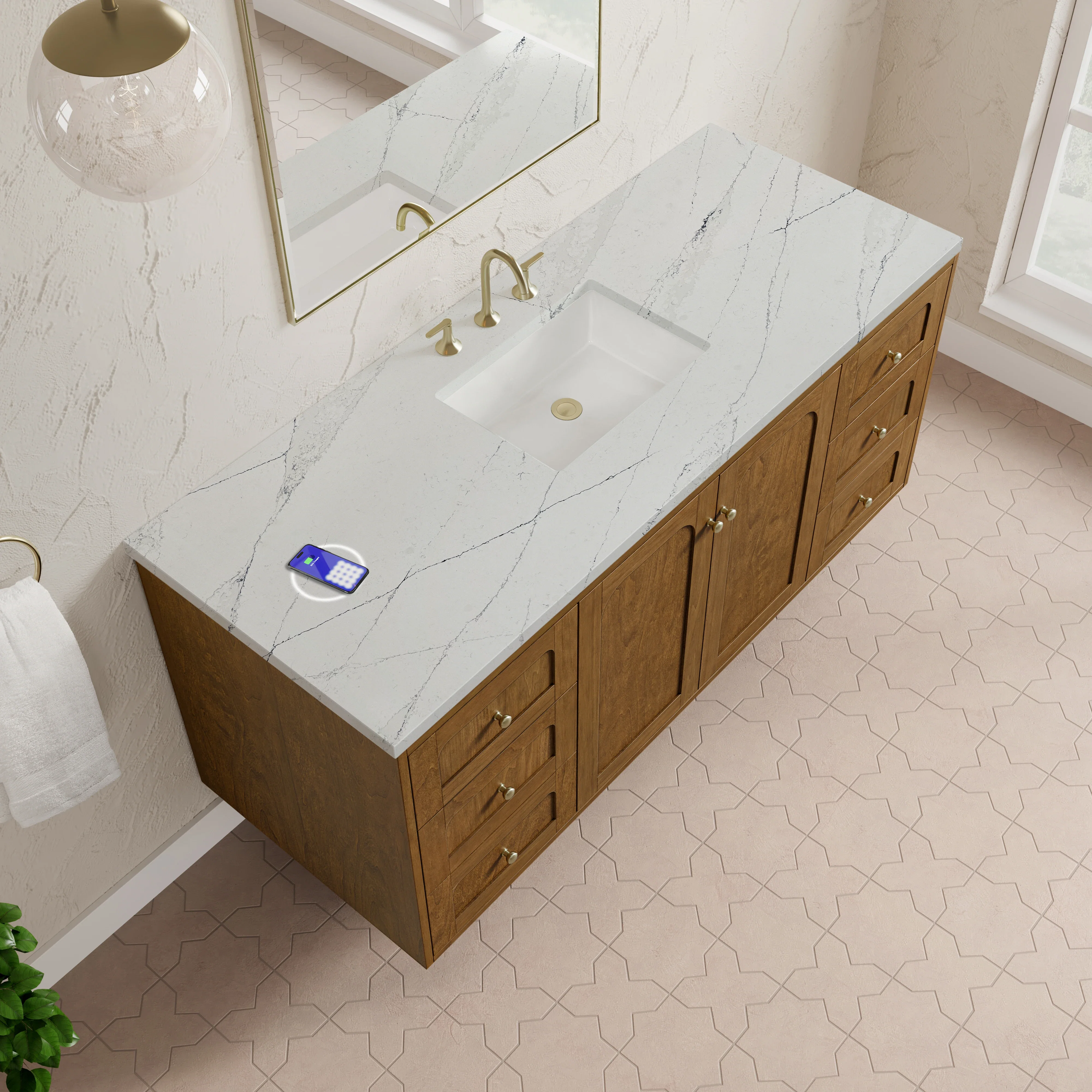 Laurent 60" Single Vanity, Honey Oak w/ 3 CM Ethereal Noctis Silestone Top w/FreePower Wireless Charger