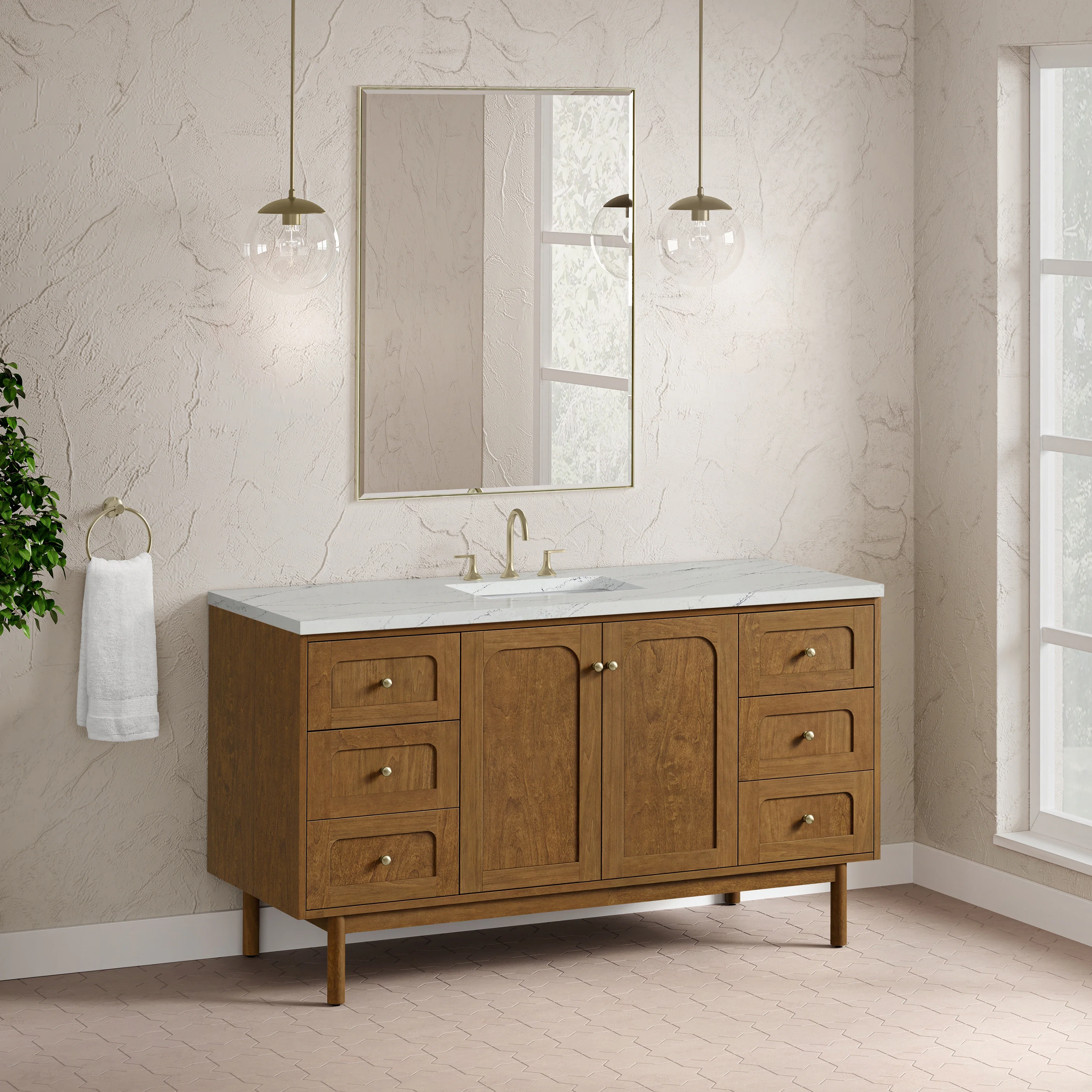 Laurent 60" Single Vanity, Honey Oak w/ 3 CM Ethereal Noctis Silestone Top w/FreePower Wireless Charger