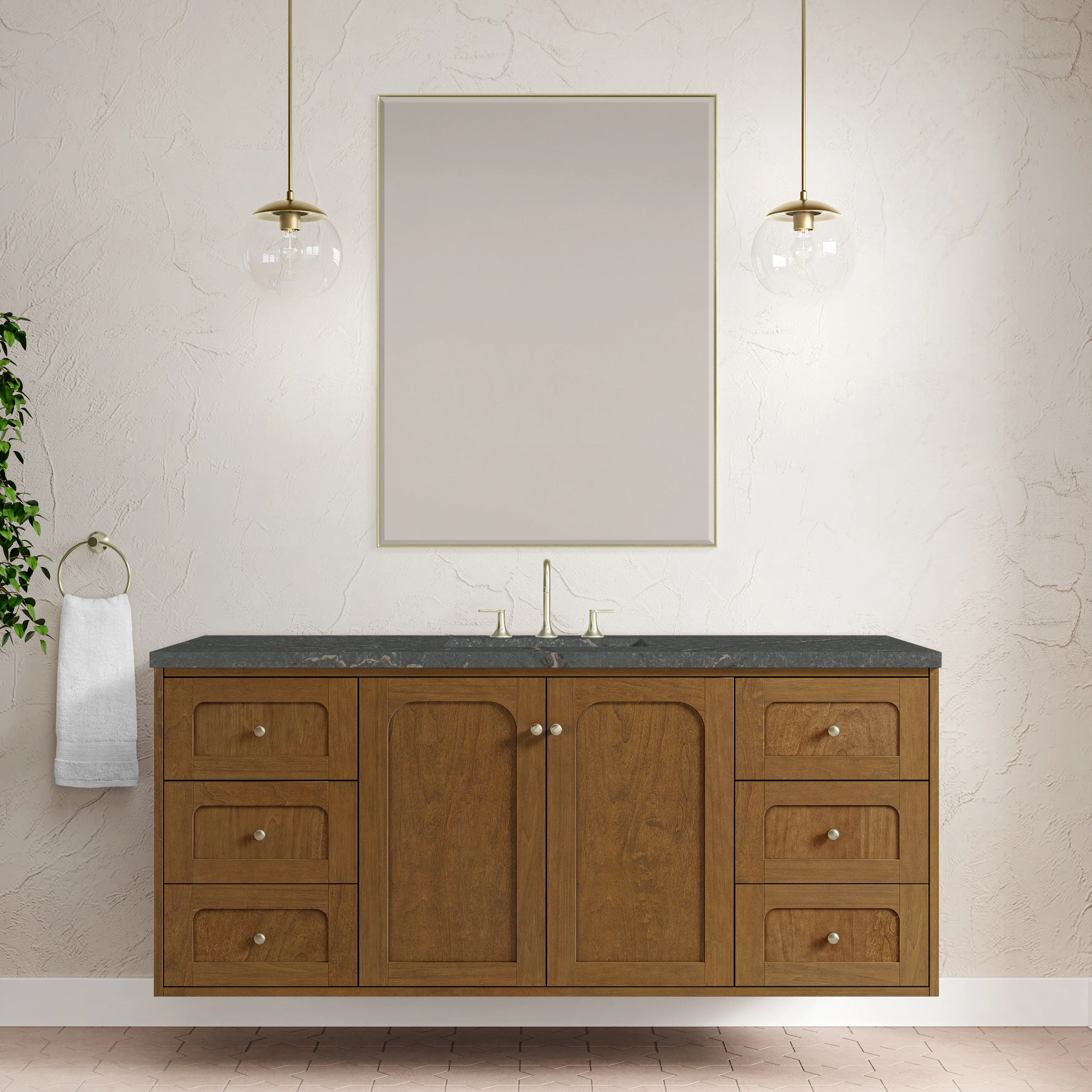 Laurent 60" Single Vanity, Honey Oak w/ 3 CM Parisien Bleu Silestone Top w/FreePower Wireless Charger