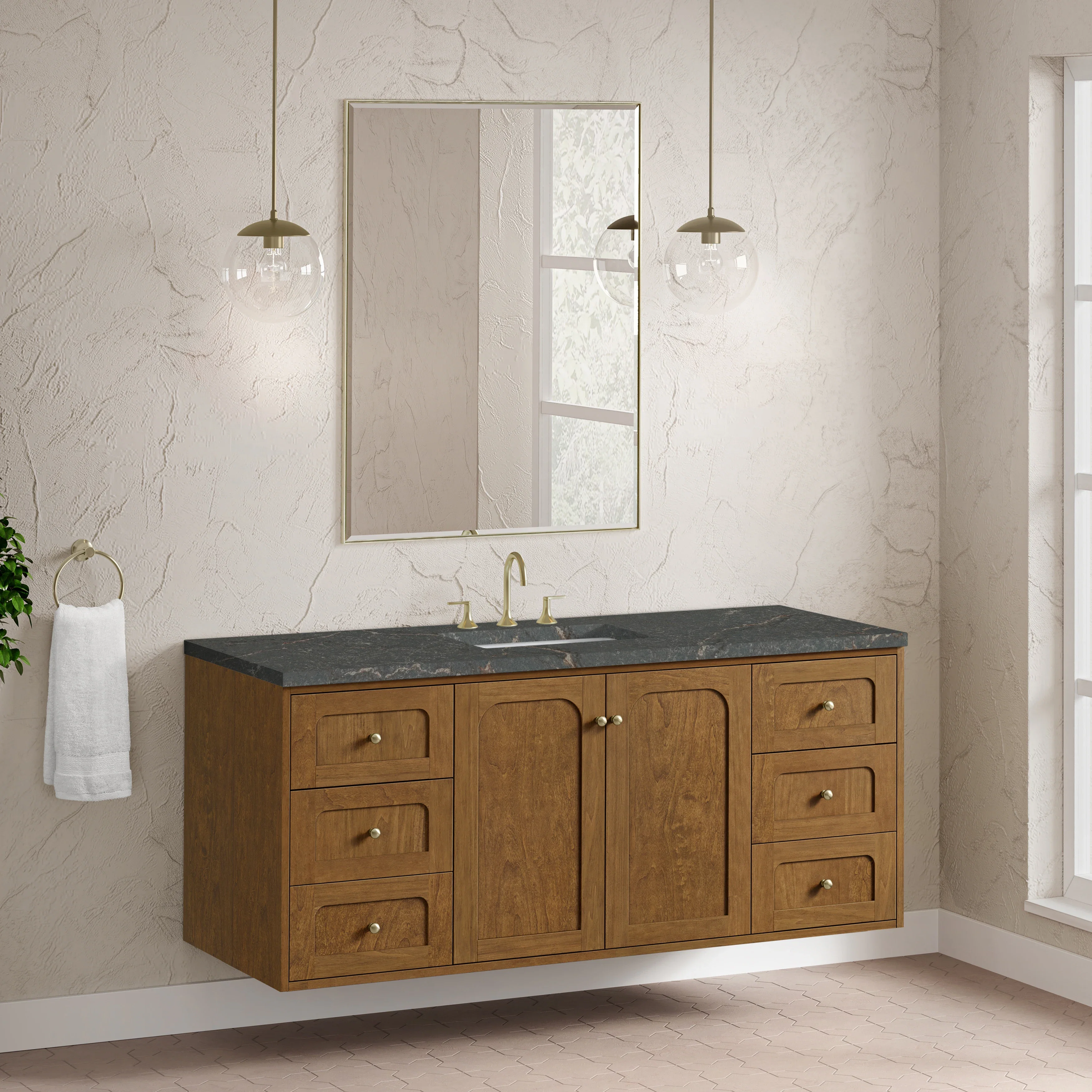 Laurent 60" Single Vanity, Honey Oak w/ 3 CM Parisien Bleu Silestone Top w/FreePower Wireless Charger