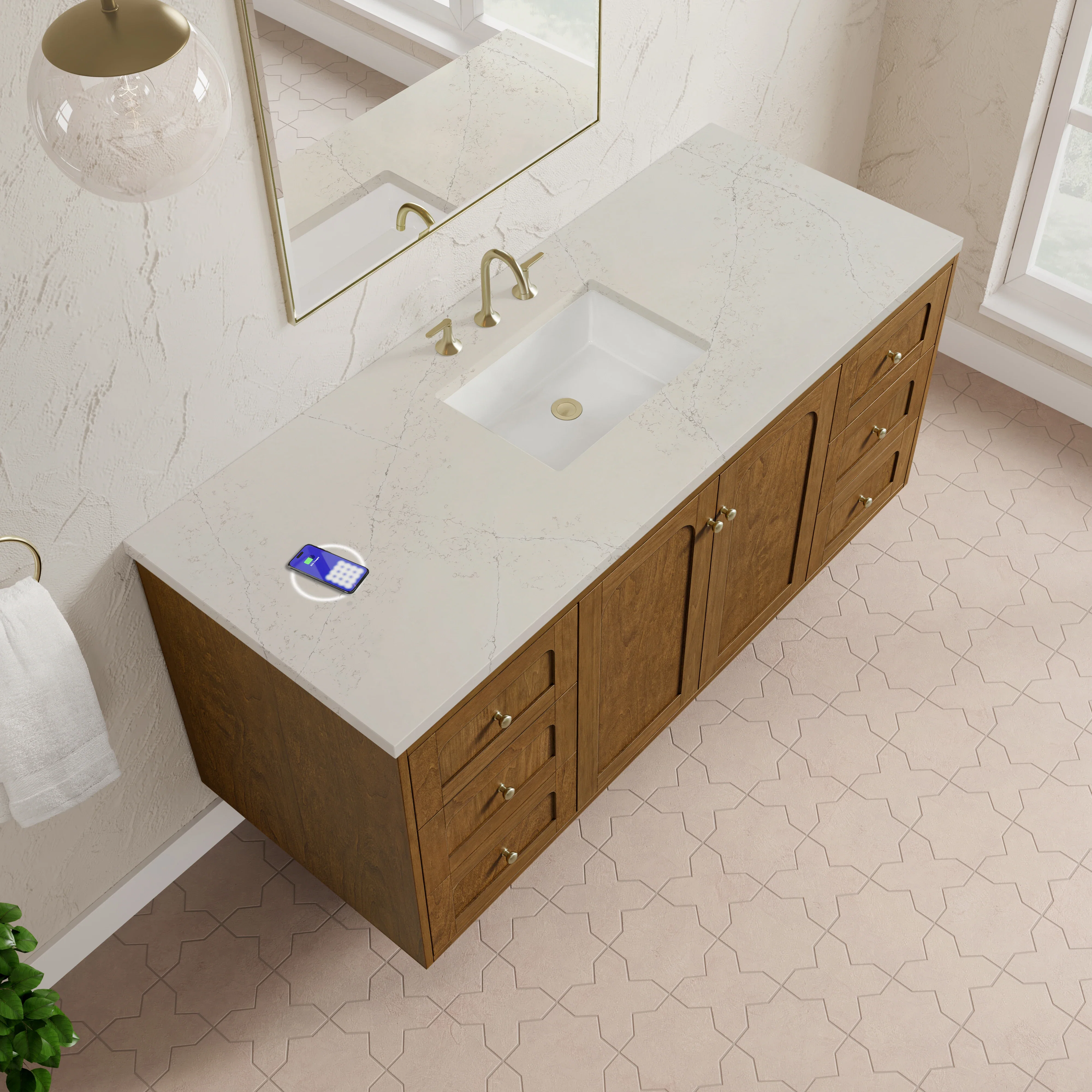 Laurent 60" Single Vanity, Honey Oak w/ 3 CM Siberian Silestone Top w/FreePower Wireless Charger