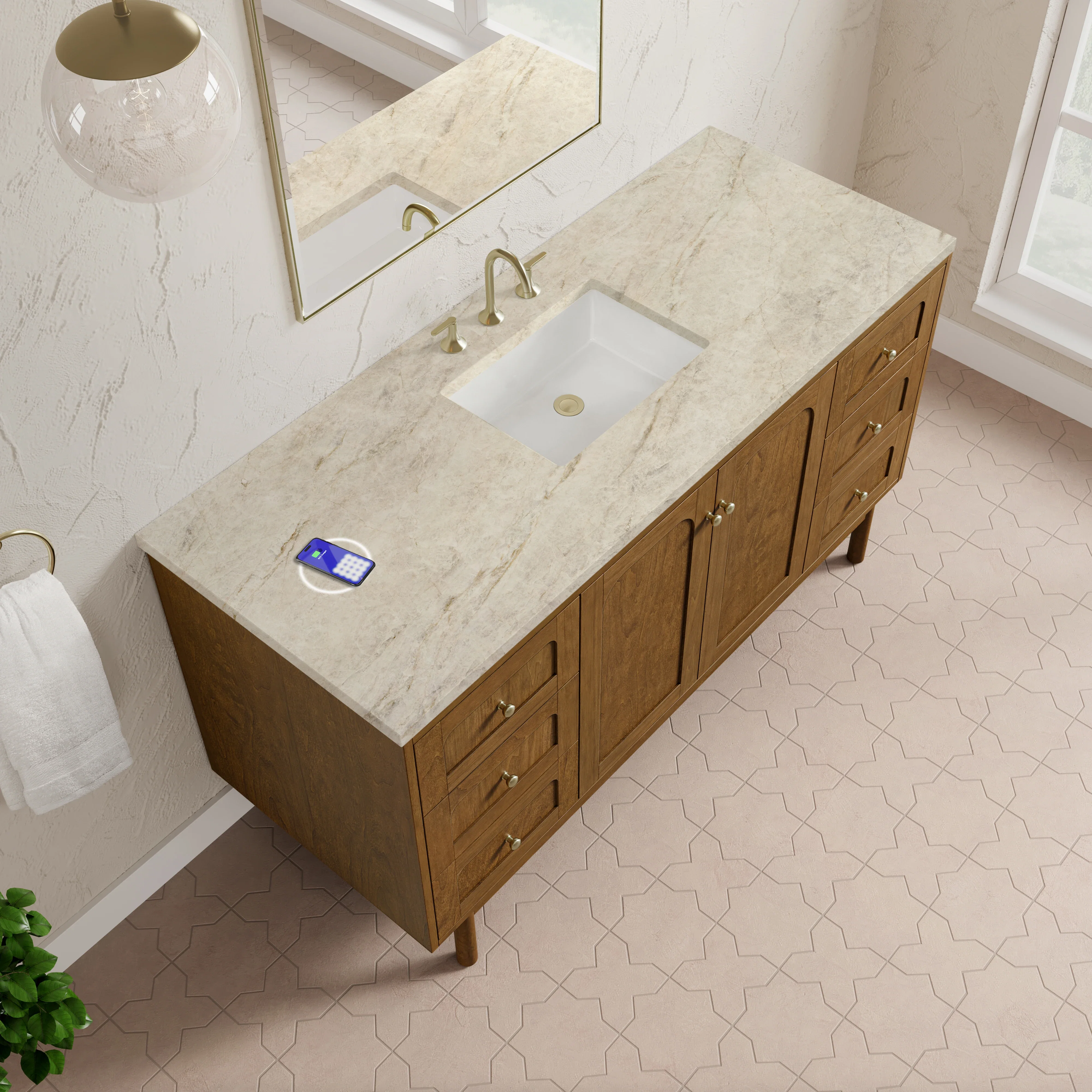 Laurent 60" Single Vanity, Honey Oak w/ 3 CM Tajnar Eclos Top w/FreePower Wireless Charger
