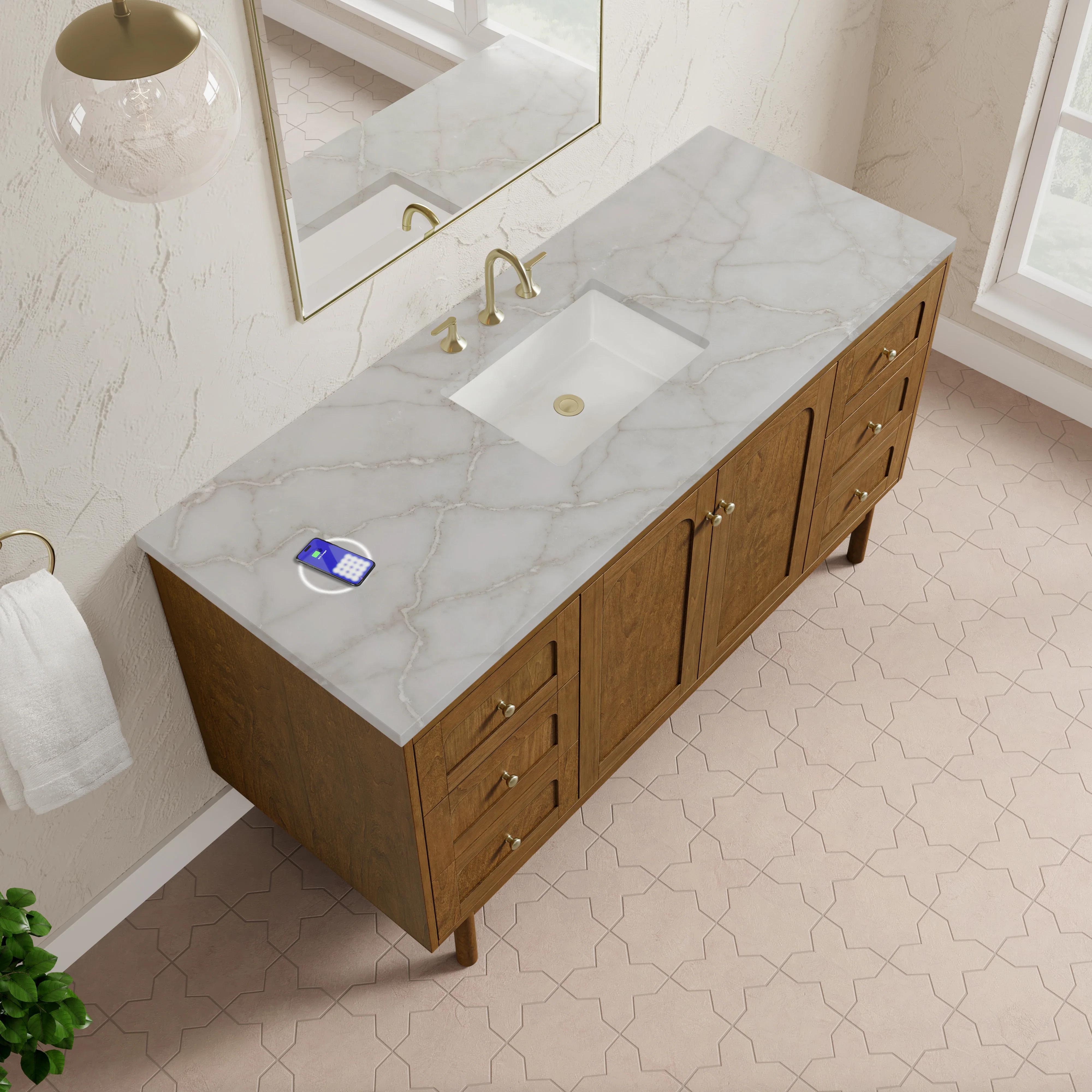 Laurent 60" Single Vanity, Honey Oak w/ 3 CM Victorian Silver Silestone Top w/FreePower Wireless Charger