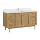 Laurent 60" Single Vanity, Light Natural Oak, w/ Single Hole 3 CM White Zeus Quartz Top & Backsplash
