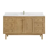 Laurent 60" Single Vanity, Light Natural Oak, w/ Single Hole 3 CM White Zeus Quartz Top & Backsplash