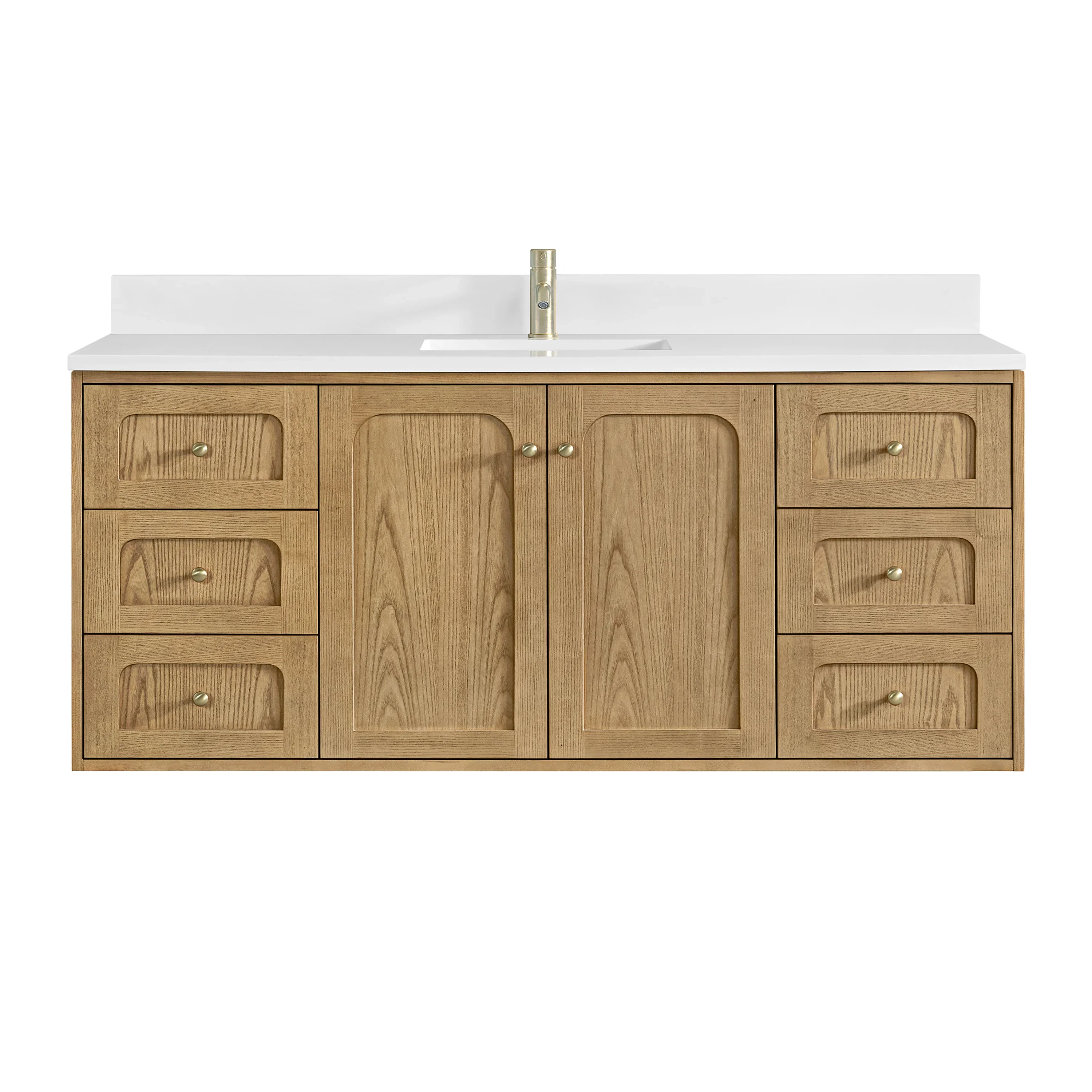 Laurent 60" Single Vanity, Light Natural Oak, w/ Single Hole 3 CM White Zeus Quartz Top & Backsplash