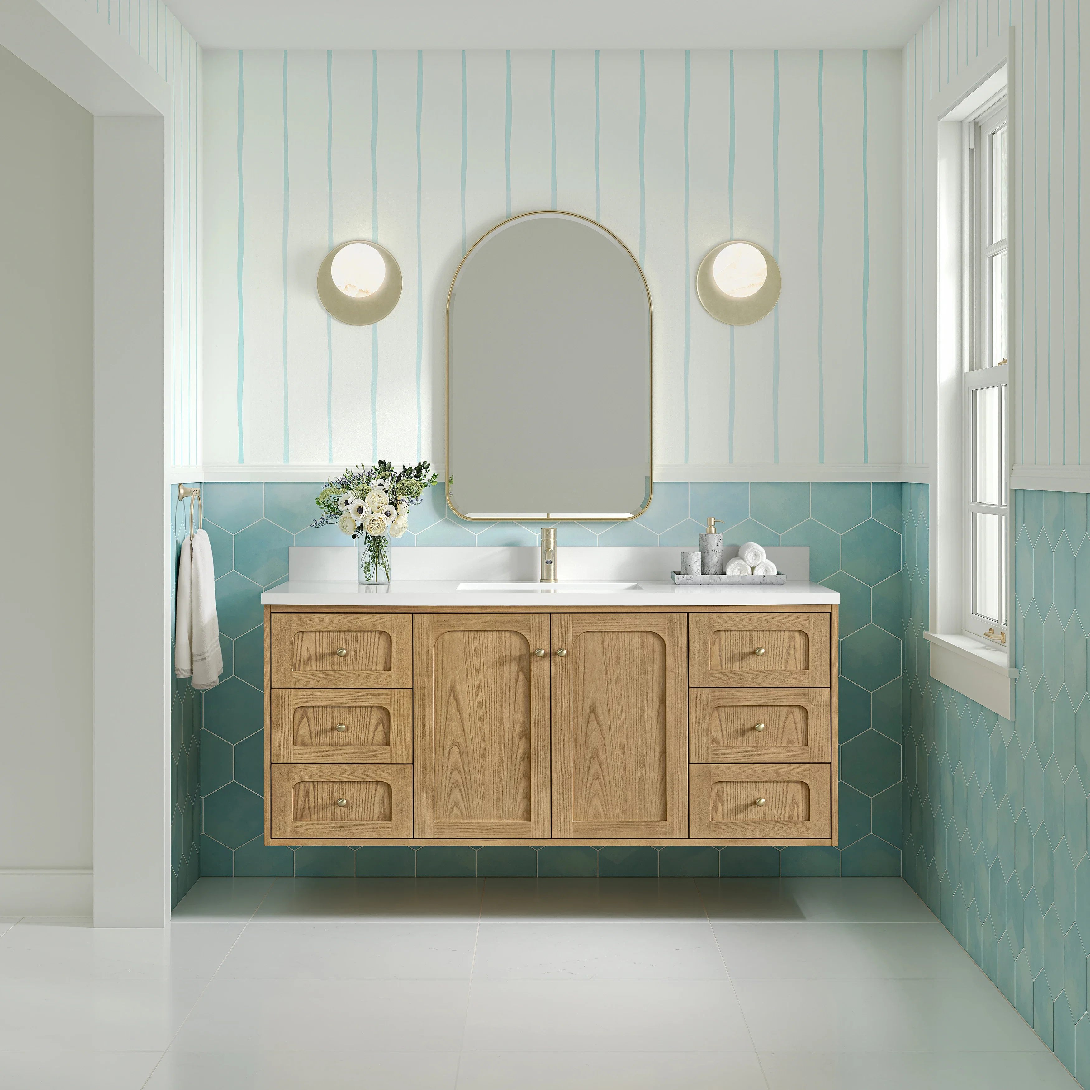 Laurent 60" Single Vanity, Light Natural Oak, w/ Single Hole 3 CM White Zeus Quartz Top & Backsplash
