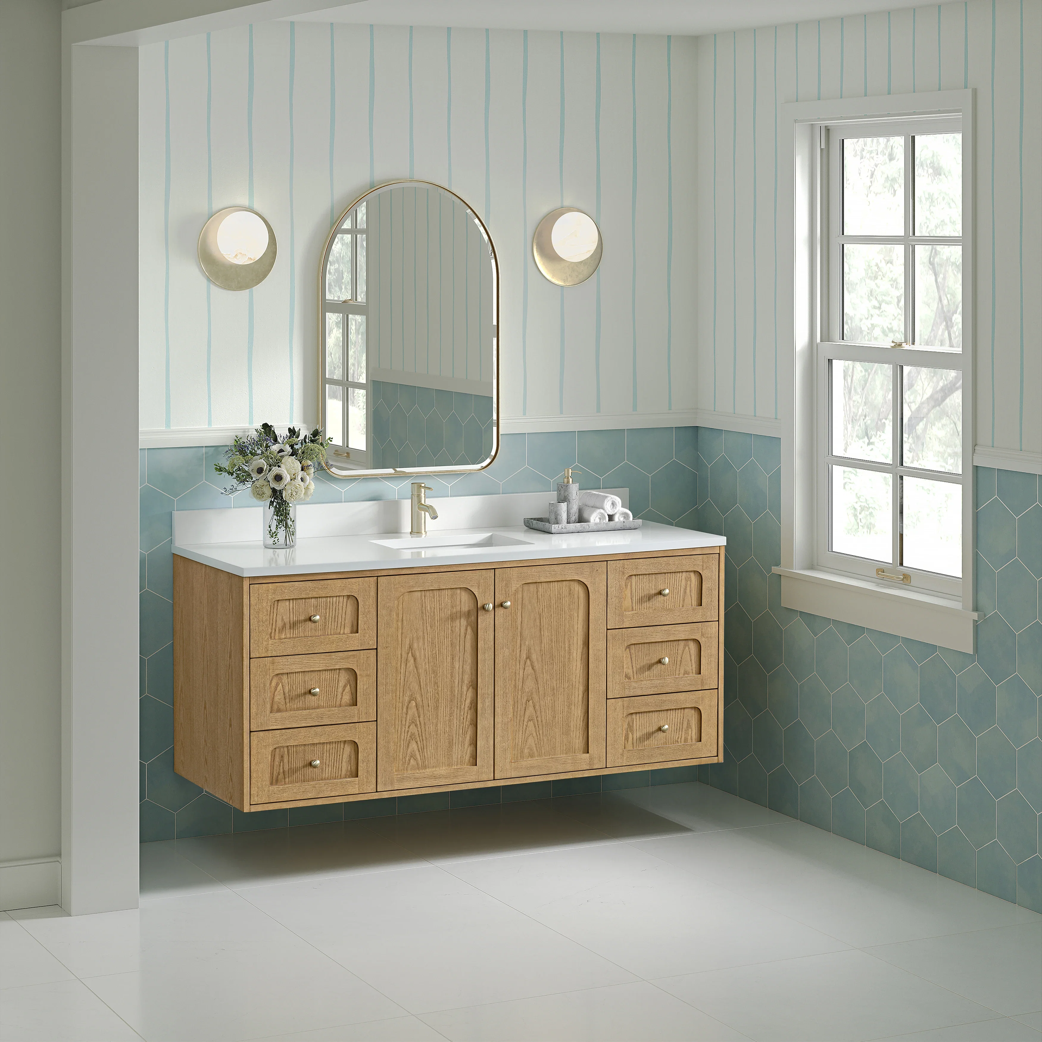 Laurent 60" Single Vanity, Light Natural Oak, w/ Single Hole 3 CM White Zeus Quartz Top & Backsplash