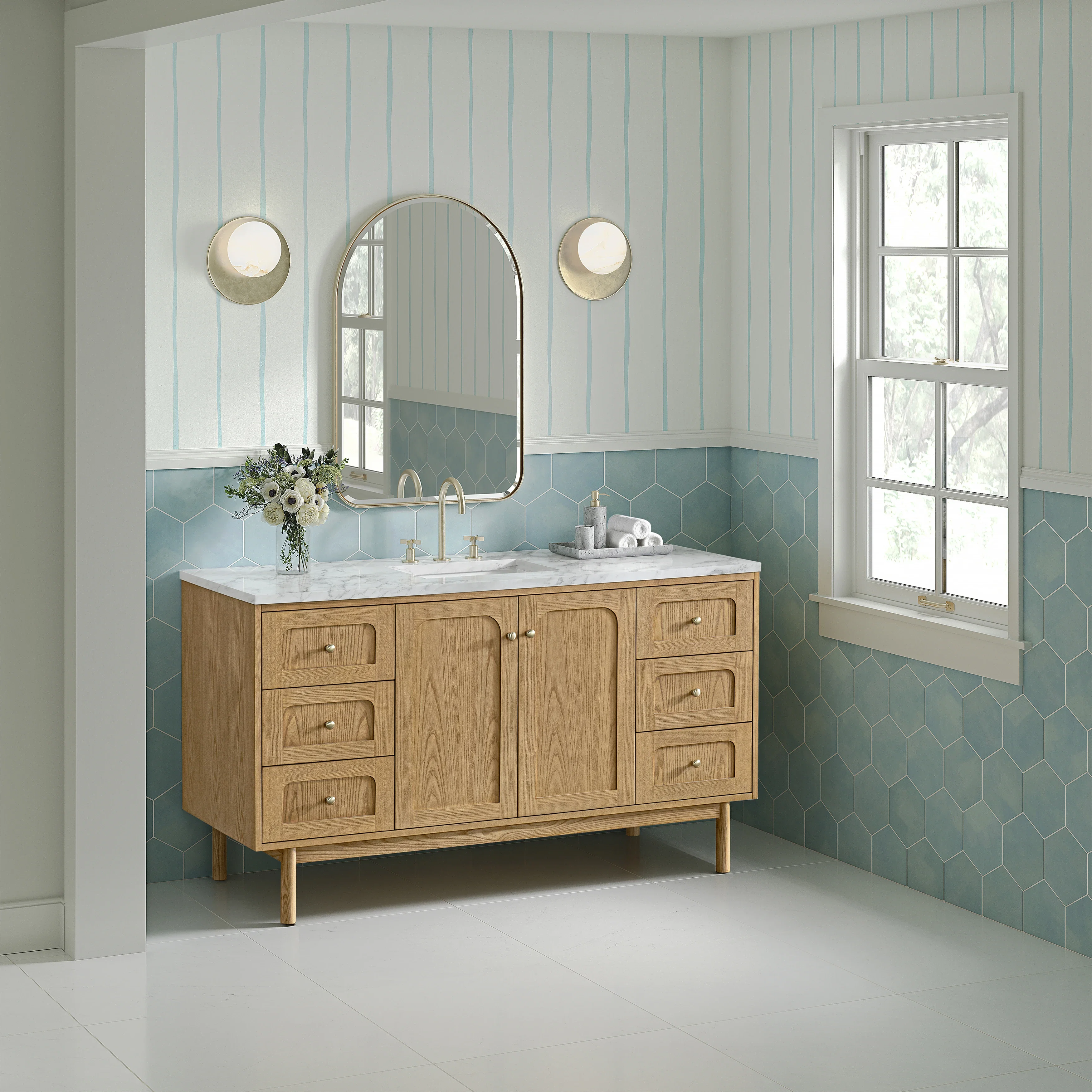 Laurent 60" Single Vanity, Light Natural Oak, w/ 3 CM Carrara Marble Top