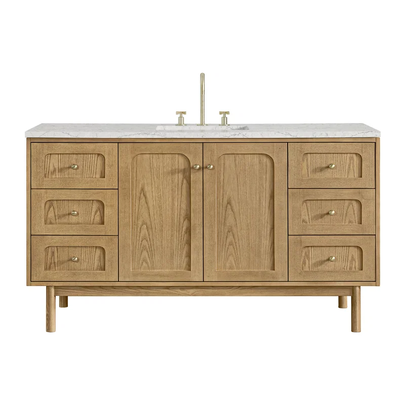 Laurent 60" Single Vanity, Light Natural Oak, w/ 3 CM Eternal Jasmine Pearl Quartz Top
