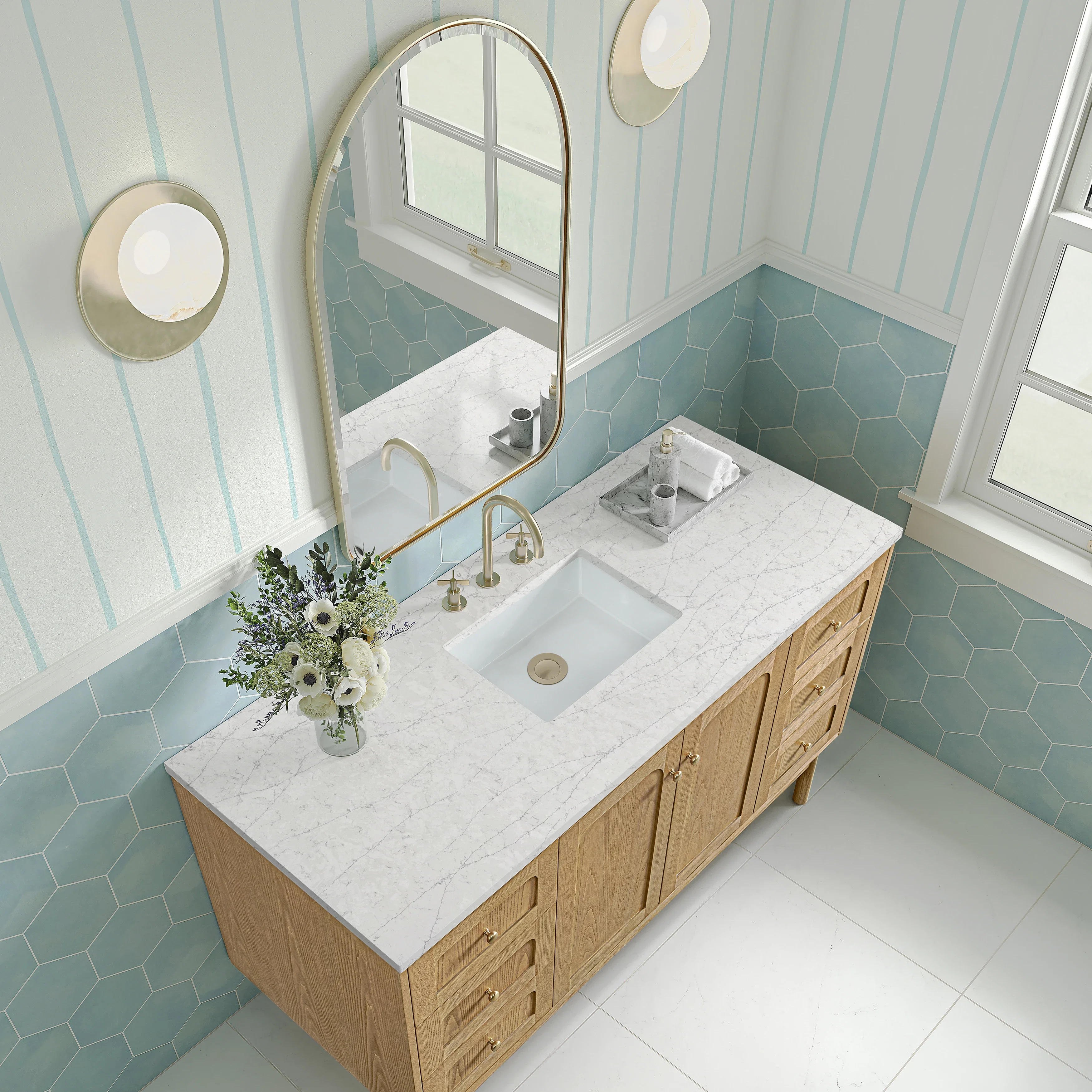 Laurent 60" Single Vanity, Light Natural Oak, w/ 3 CM Eternal Jasmine Pearl Quartz Top