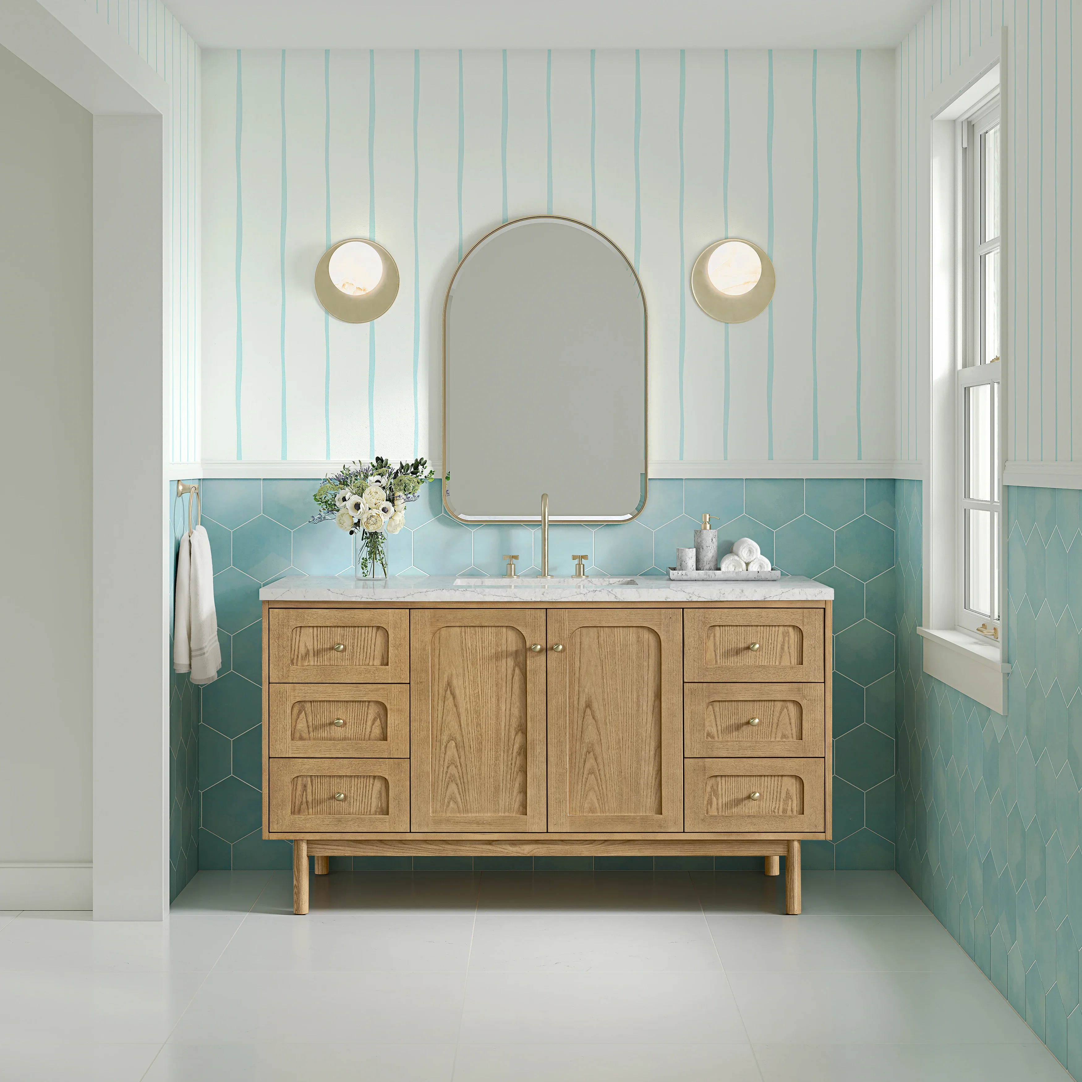 Laurent 60" Single Vanity, Light Natural Oak, w/ 3 CM Eternal Jasmine Pearl Quartz Top