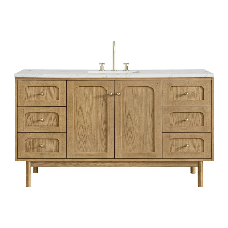 Laurent 60" Single Vanity, Light Natural Oak, w/ 3 CM Ethereal Noctis Quartz Top