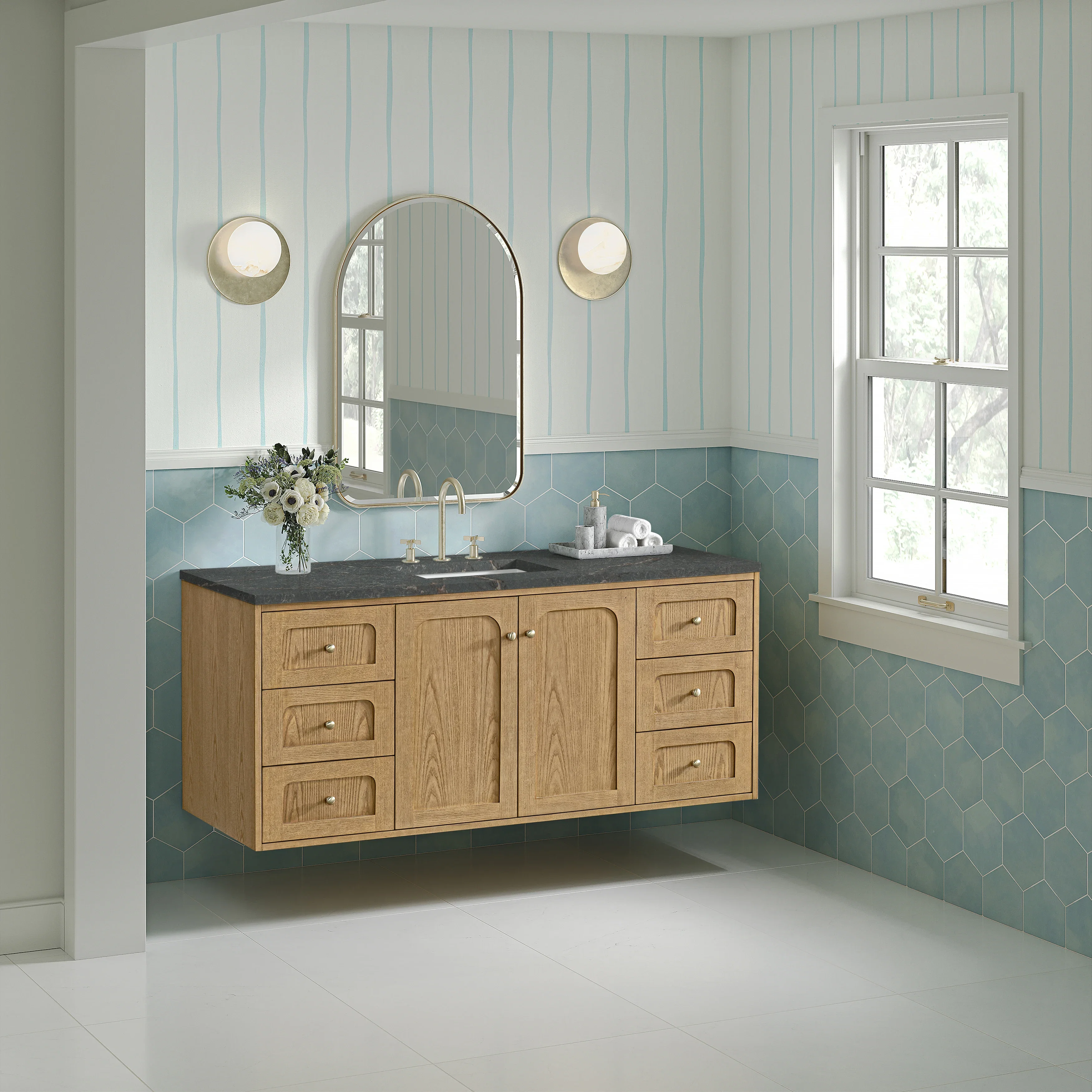 Laurent 60" Single Vanity, Light Natural Oak, w/ 3 CM Parisien Bleu Quartz Top