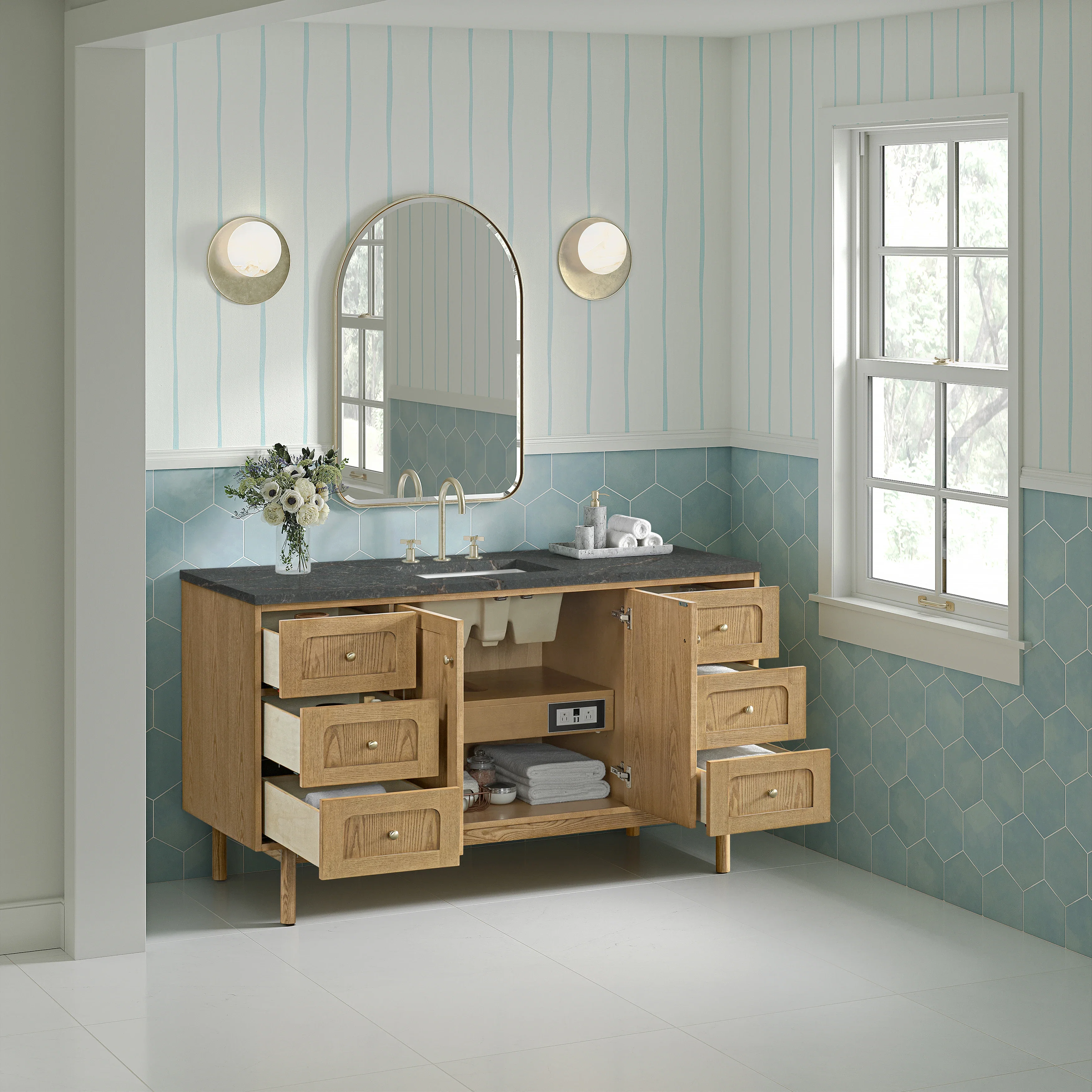 Laurent 60" Single Vanity, Light Natural Oak, w/ 3 CM Parisien Bleu Quartz Top