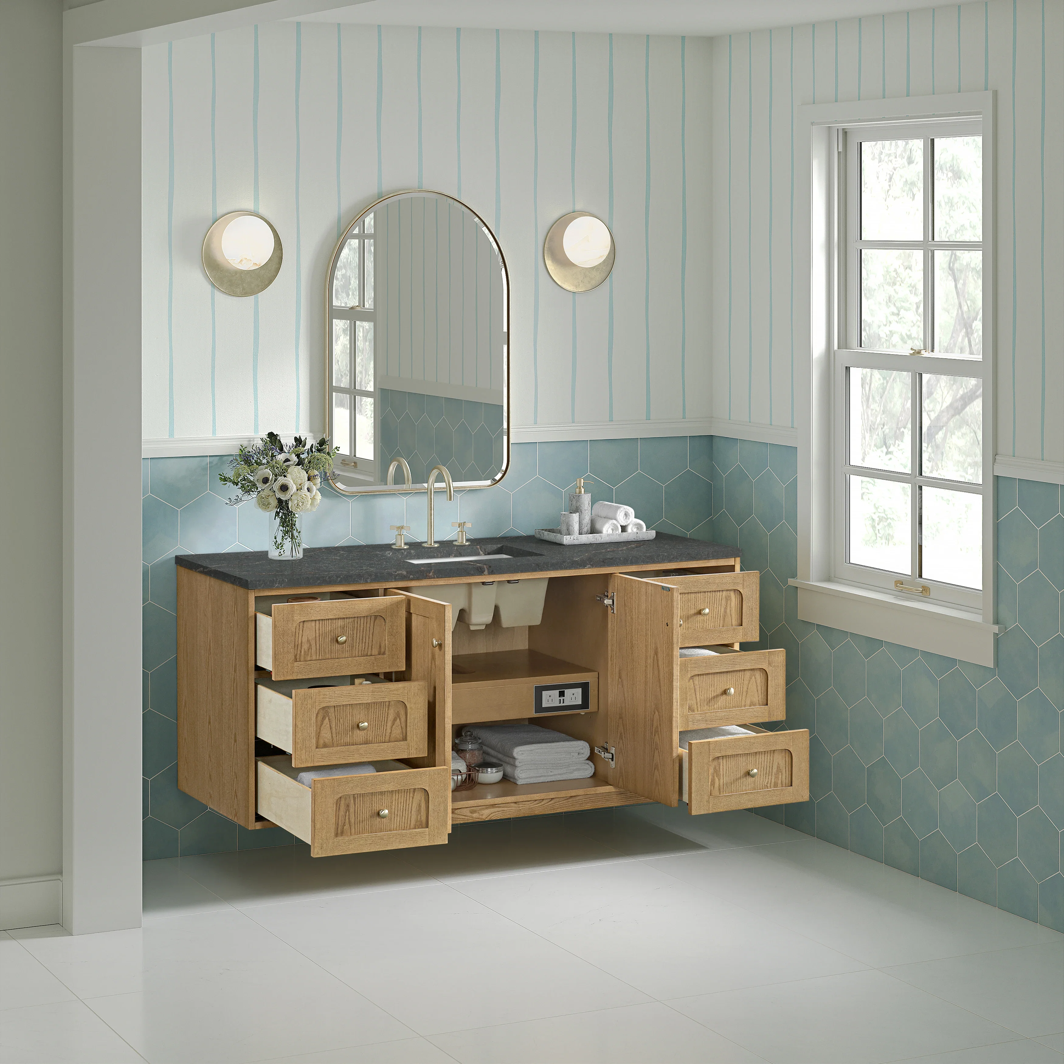 Laurent 60" Single Vanity, Light Natural Oak, w/ 3 CM Parisien Bleu Quartz Top