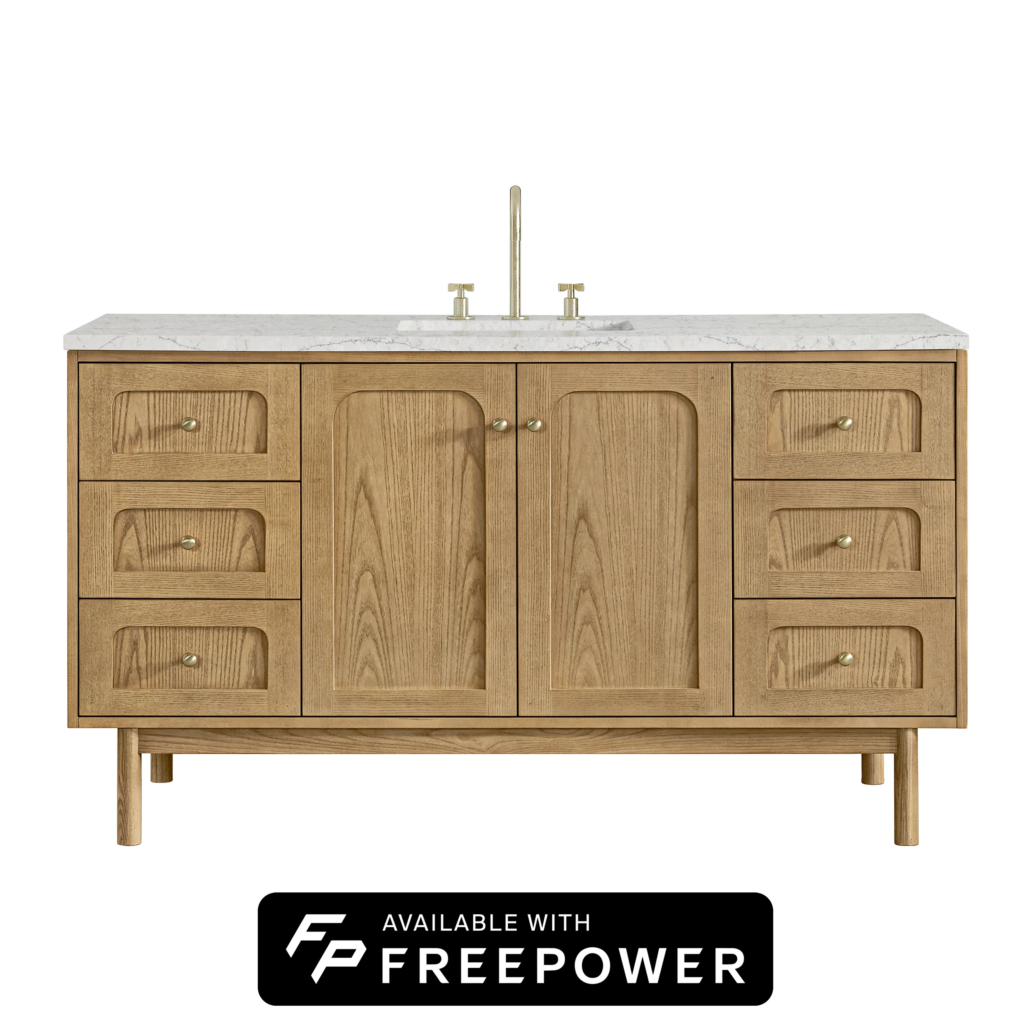 Laurent 60" Single Vanity, Light Natural Oak, w/ 3 CM Eternal Jasmine Pearl Silestone Top w/ FreePower Wireless Charger