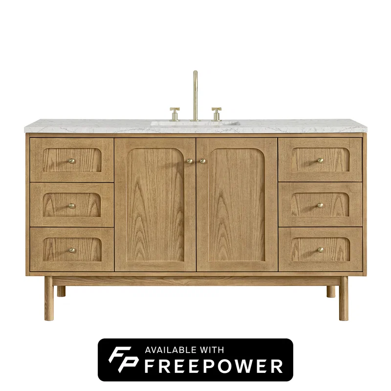Laurent 60" Single Vanity, Light Natural Oak, w/ 3 CM Eternal Jasmine Pearl Silestone Top w/ FreePower Wireless Charger