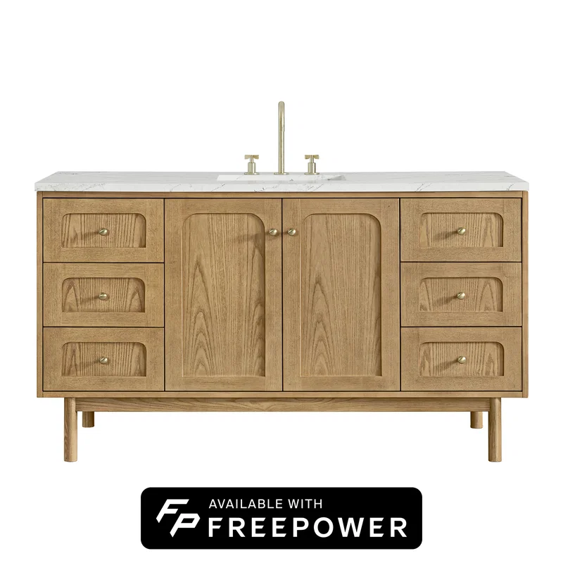 Laurent 60" Single Vanity, Light Natural Oak, w/ 3 CM Ethereal Noctis Silestone Top w/ FreePower Wireless Charger