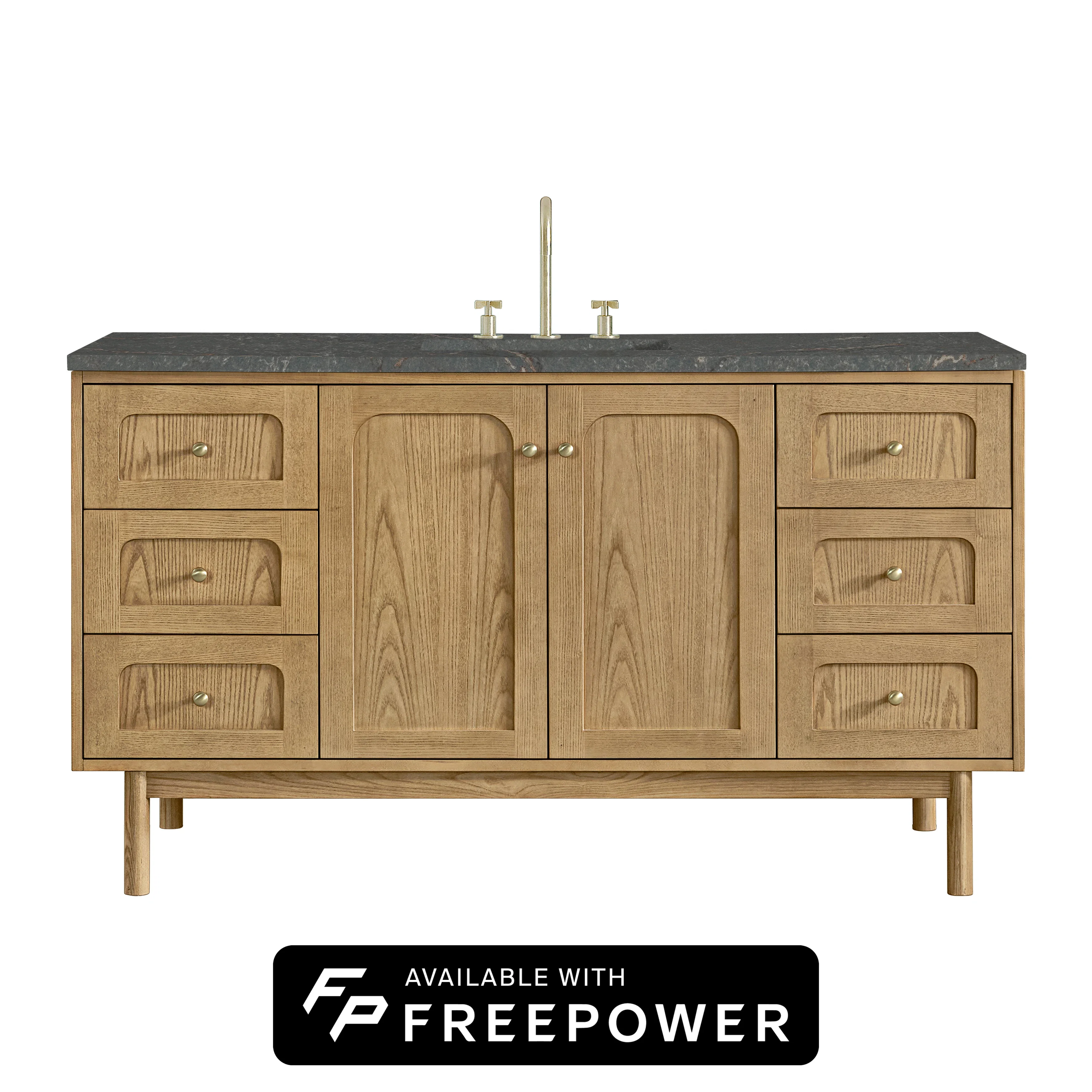 Laurent 60" Single Vanity, Light Natural Oak, w/ 3 CM Parisien Bleu Silestone Top w/ FreePower Wireless Charger