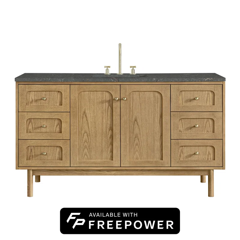 Laurent 60" Single Vanity, Light Natural Oak, w/ 3 CM Parisien Bleu Silestone Top w/ FreePower Wireless Charger