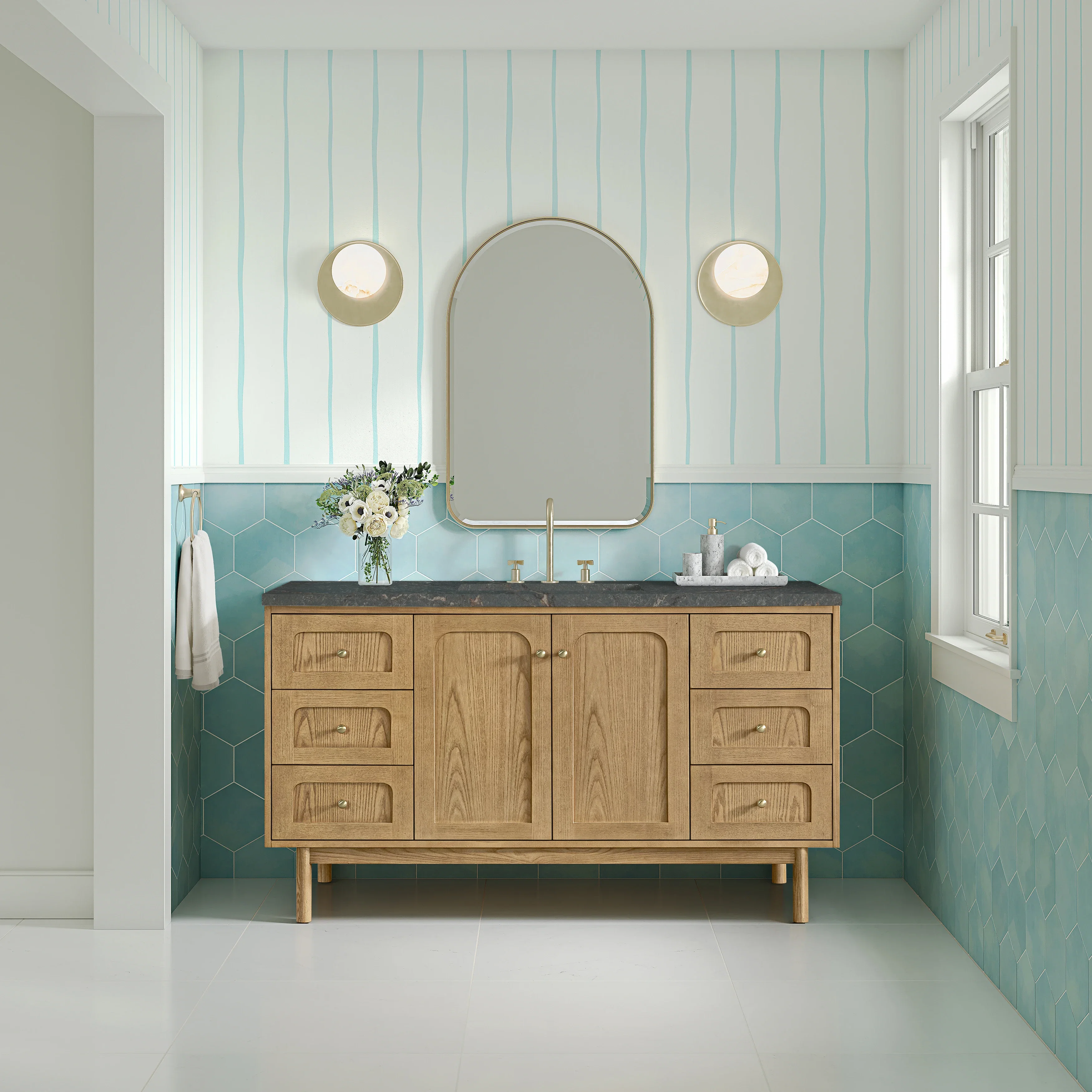 Laurent 60" Single Vanity, Light Natural Oak, w/ 3 CM Parisien Bleu Silestone Top w/ FreePower Wireless Charger