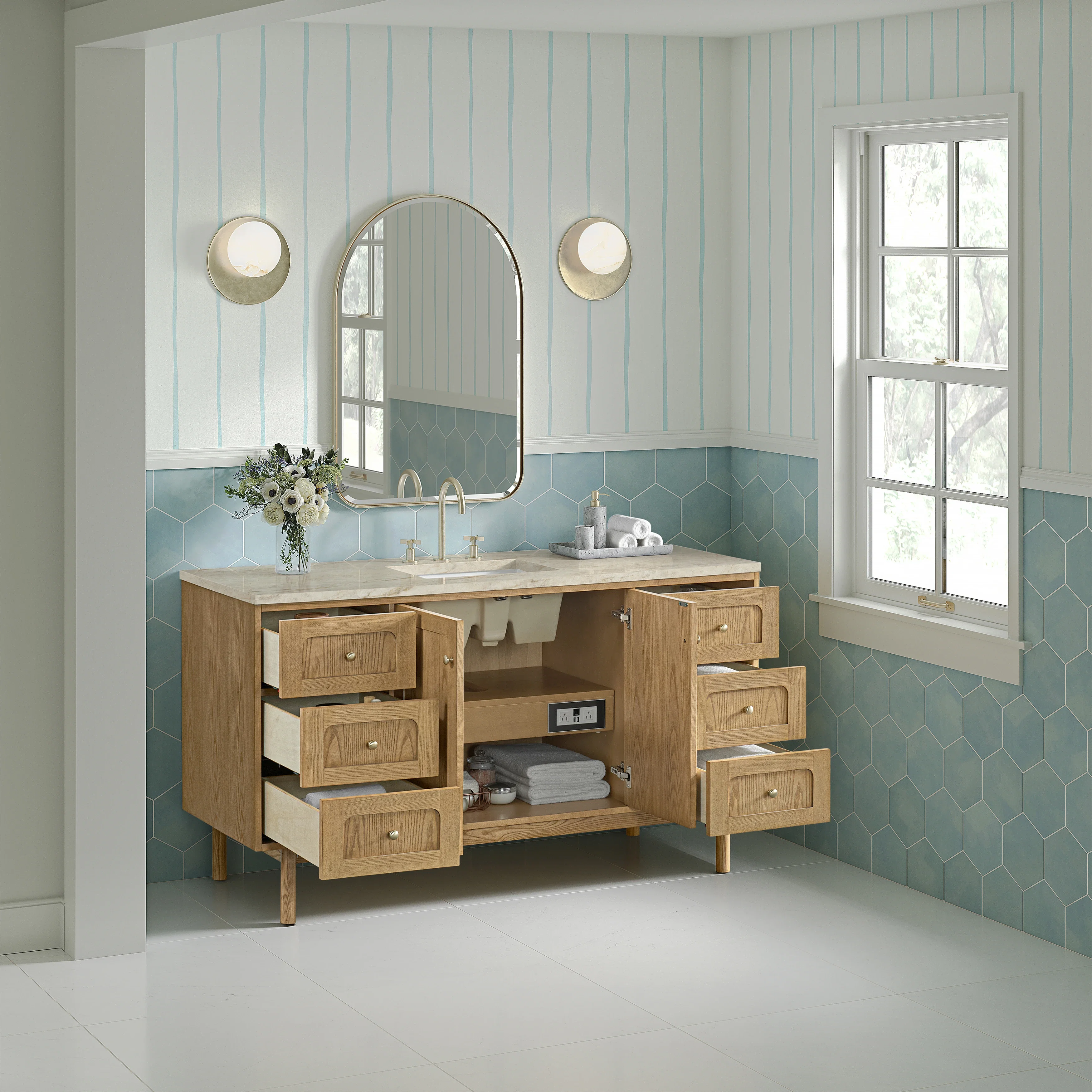 Laurent 60" Single Vanity, Light Natural Oak, w/ 3 CM Tajnar Eclos Top w/FreePower Wireless Charger