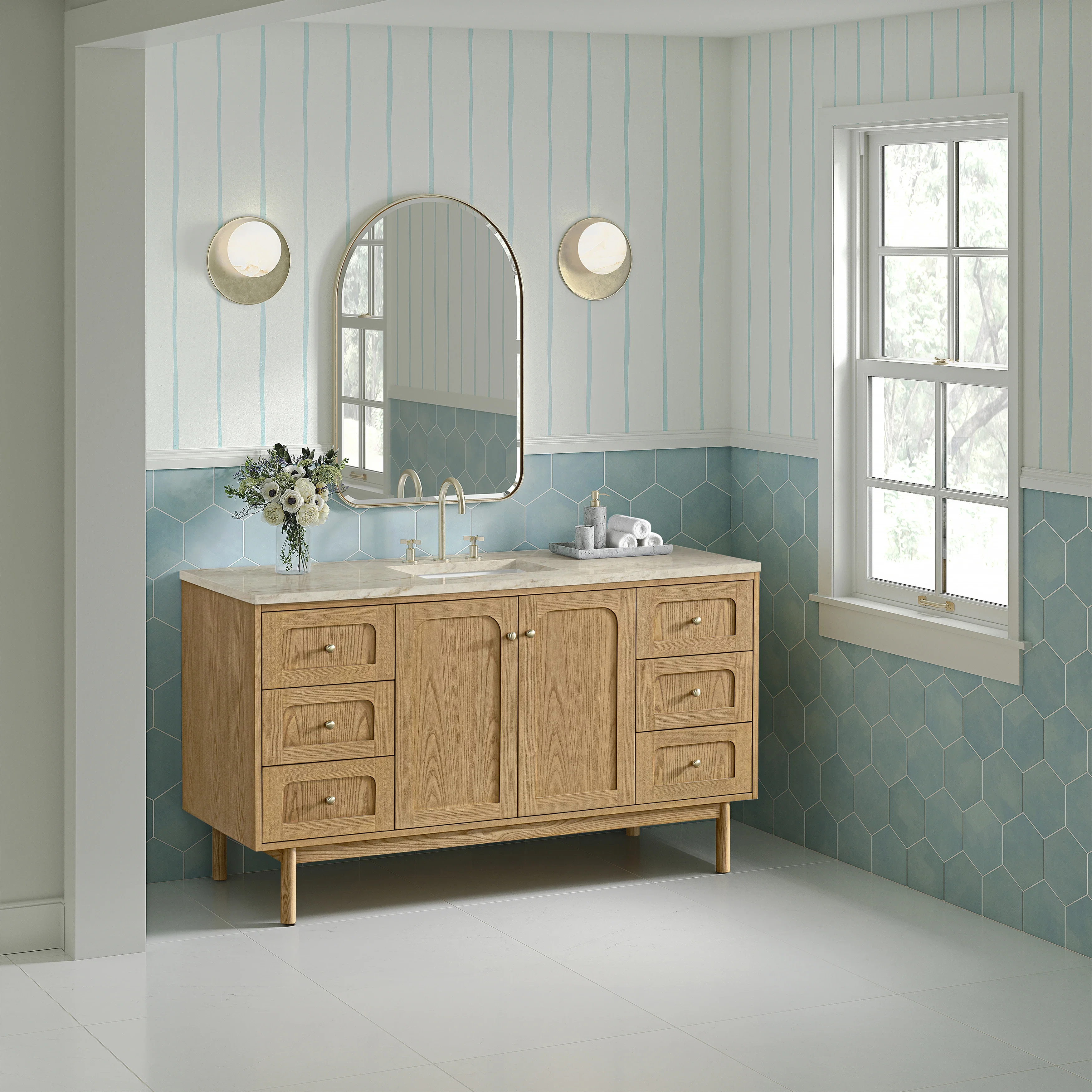 Laurent 60" Single Vanity, Light Natural Oak, w/ 3 CM Tajnar Eclos Top w/FreePower Wireless Charger