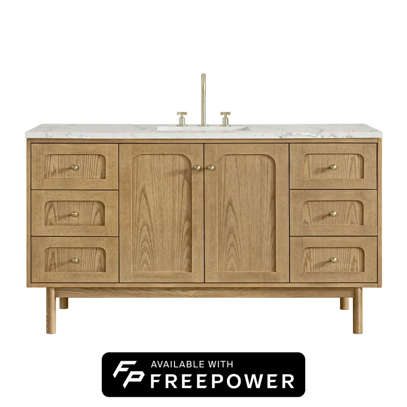 Laurent 60" Single Vanity, Light Natural Oak, w/ 3 CM Victorian Silver Silestone Top w/ FreePower Wireless Charger