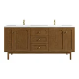 Laurent 72" Double Vanity, Honey Oak w/ Single Hole 3 CM White Zeus Silestone Top and Matching Backsplash