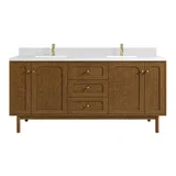 Laurent 72" Double Vanity, Honey Oak w/ Single Hole 3 CM White Zeus Silestone Top and Matching Backsplash