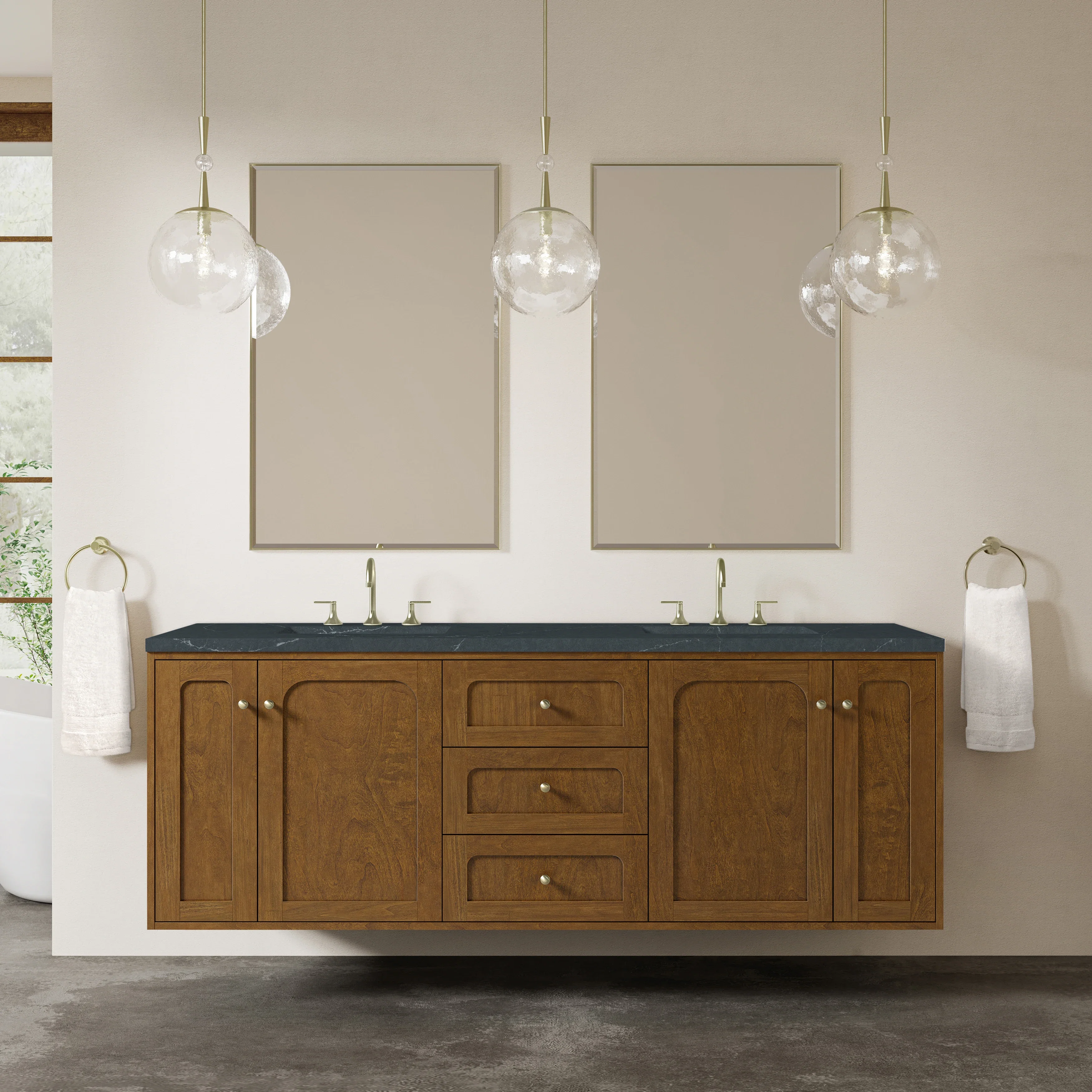 Laurent 72" Double Vanity, Honey Oak w/ 3 CM Charcoal Soapstone Silestone Top