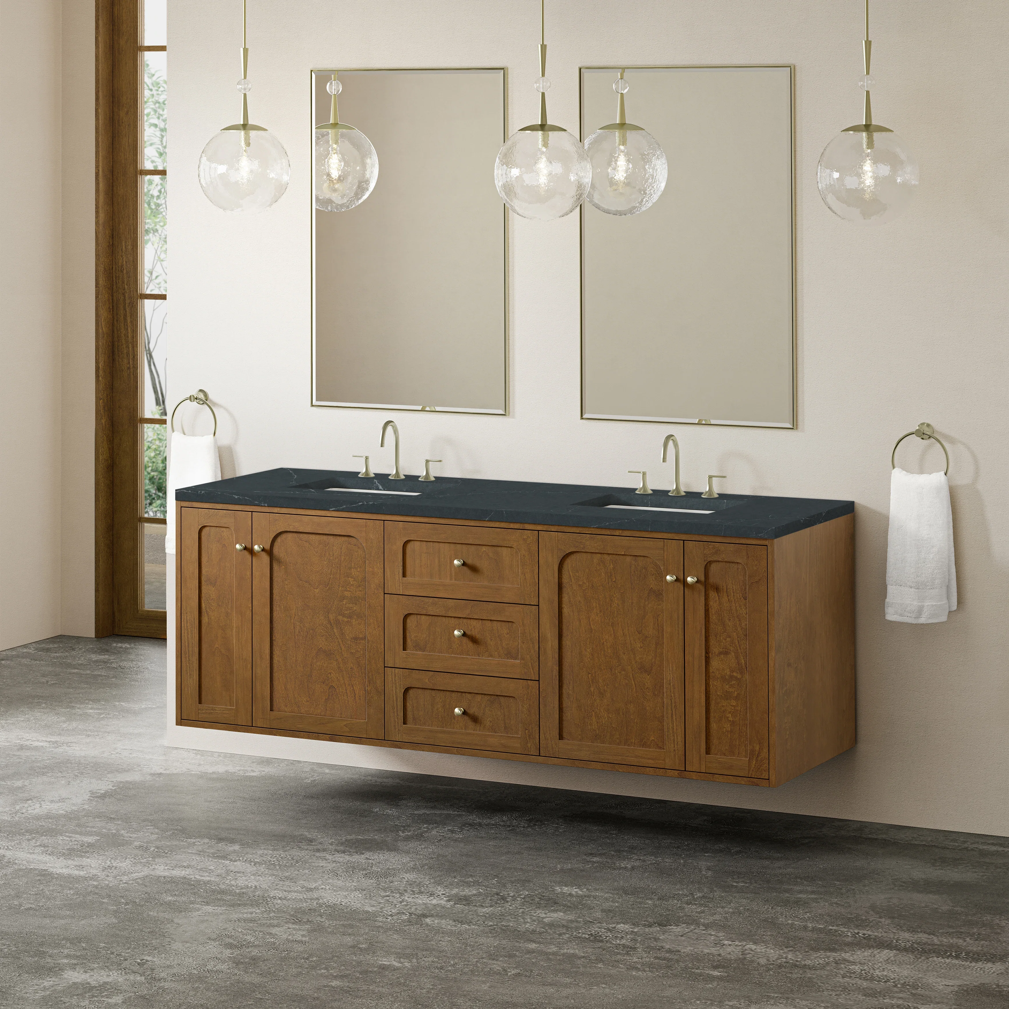 Laurent 72" Double Vanity, Honey Oak w/ 3 CM Charcoal Soapstone Silestone Top