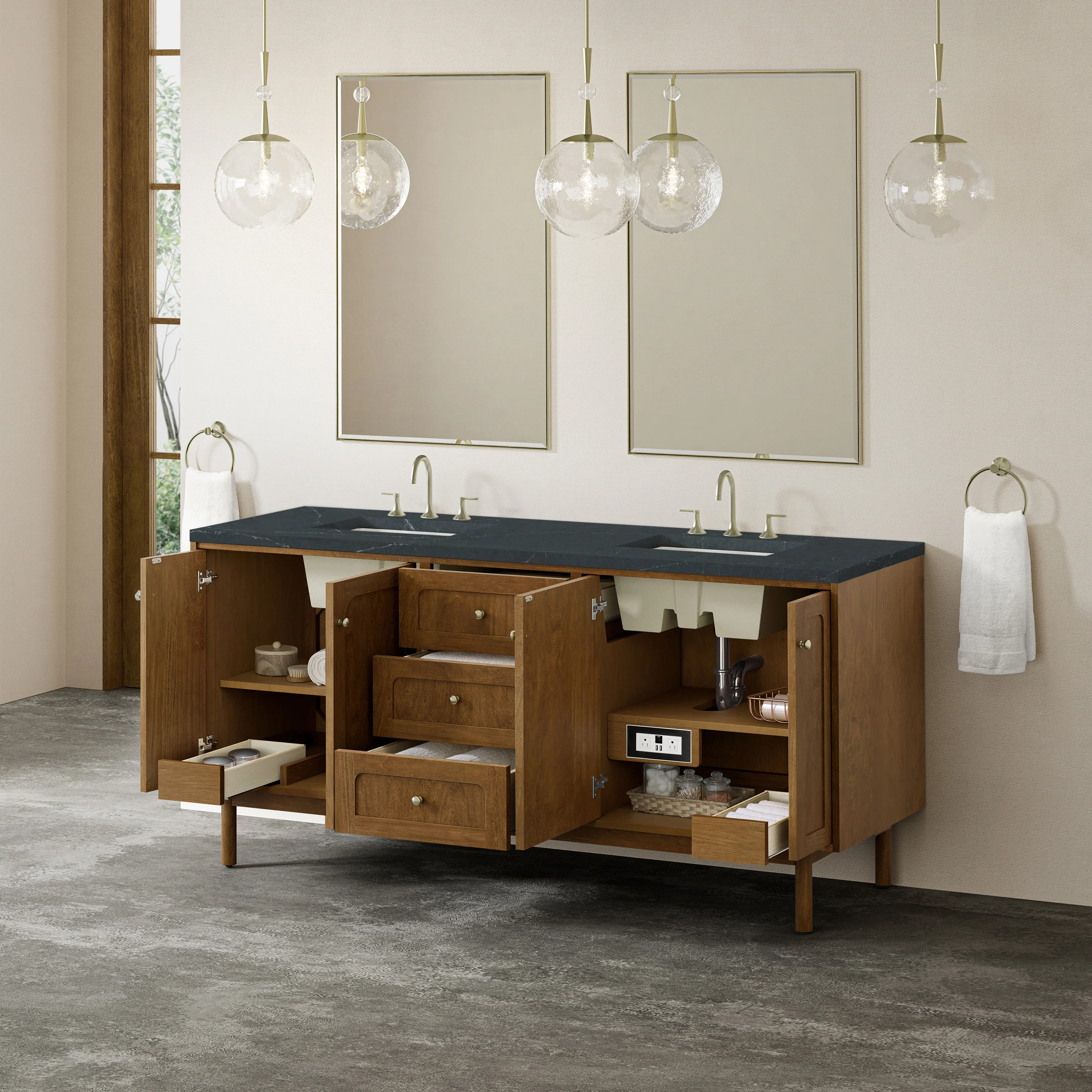 Laurent 72" Double Vanity, Honey Oak w/ 3 CM Charcoal Soapstone Silestone Top