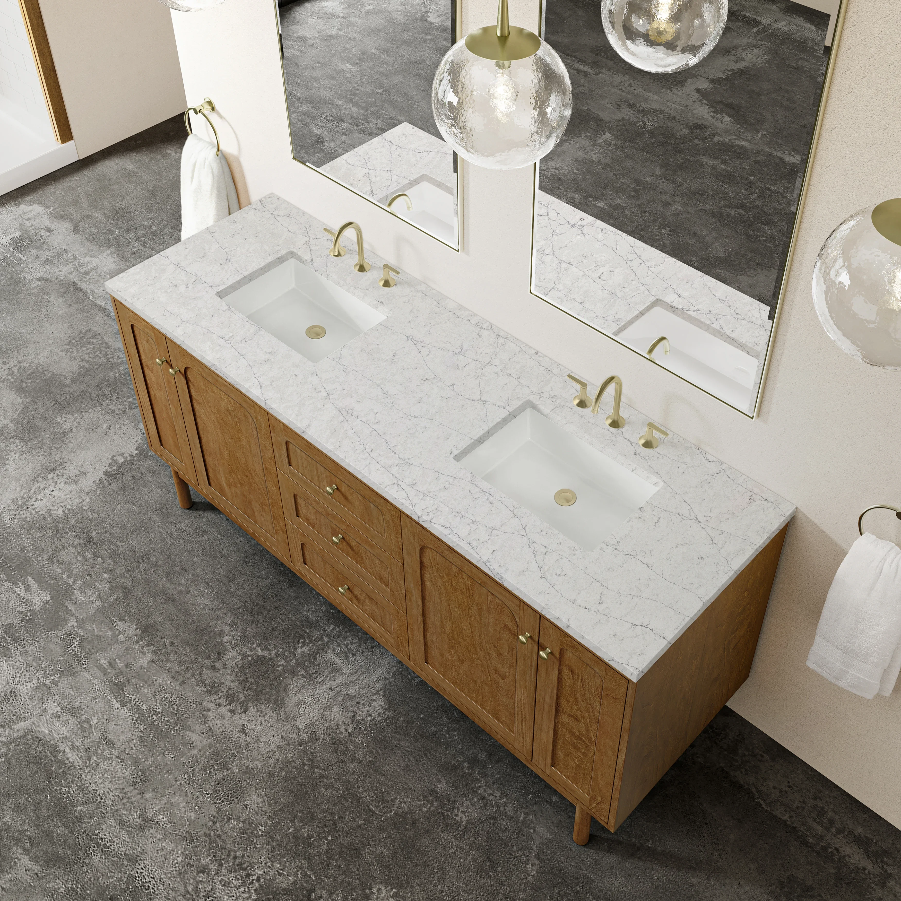 Laurent 72" Double Vanity, Honey Oak w/ 3 CM Eternal Jasmine Pearl Silestone Top