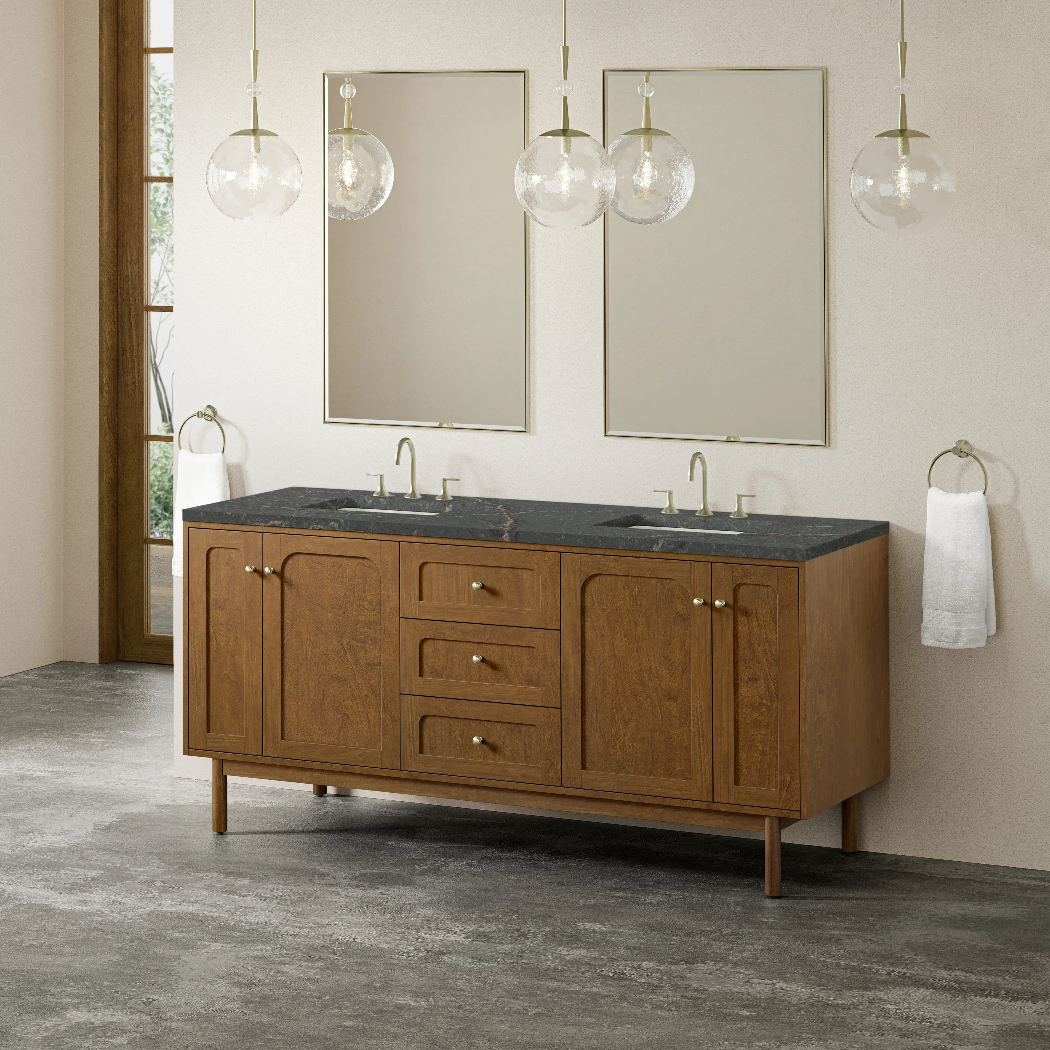Laurent 72" Double Vanity, Honey Oak w/ 3 CM Parisien Bleu Silestone Top
