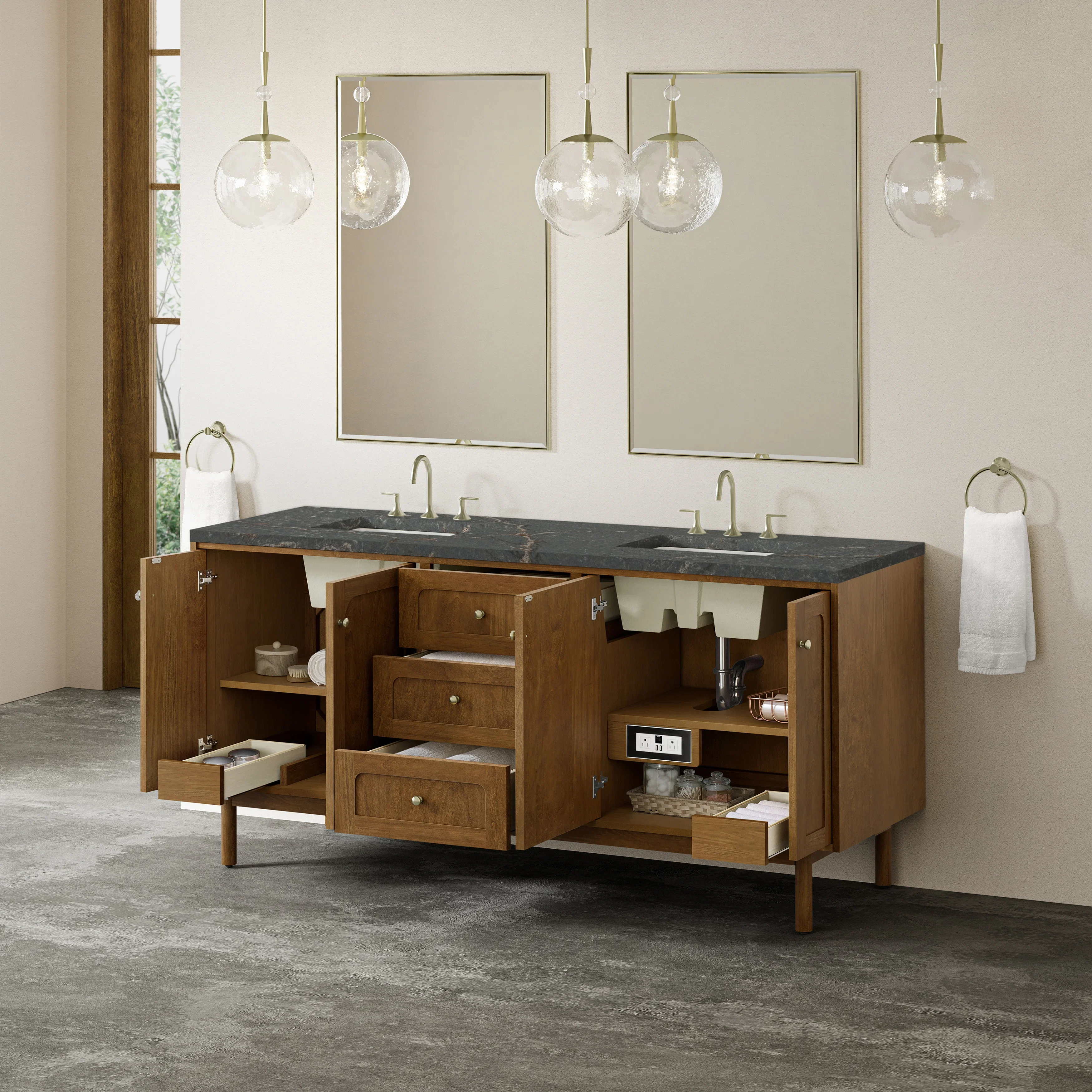 Laurent 72" Double Vanity, Honey Oak w/ 3 CM Parisien Bleu Silestone Top