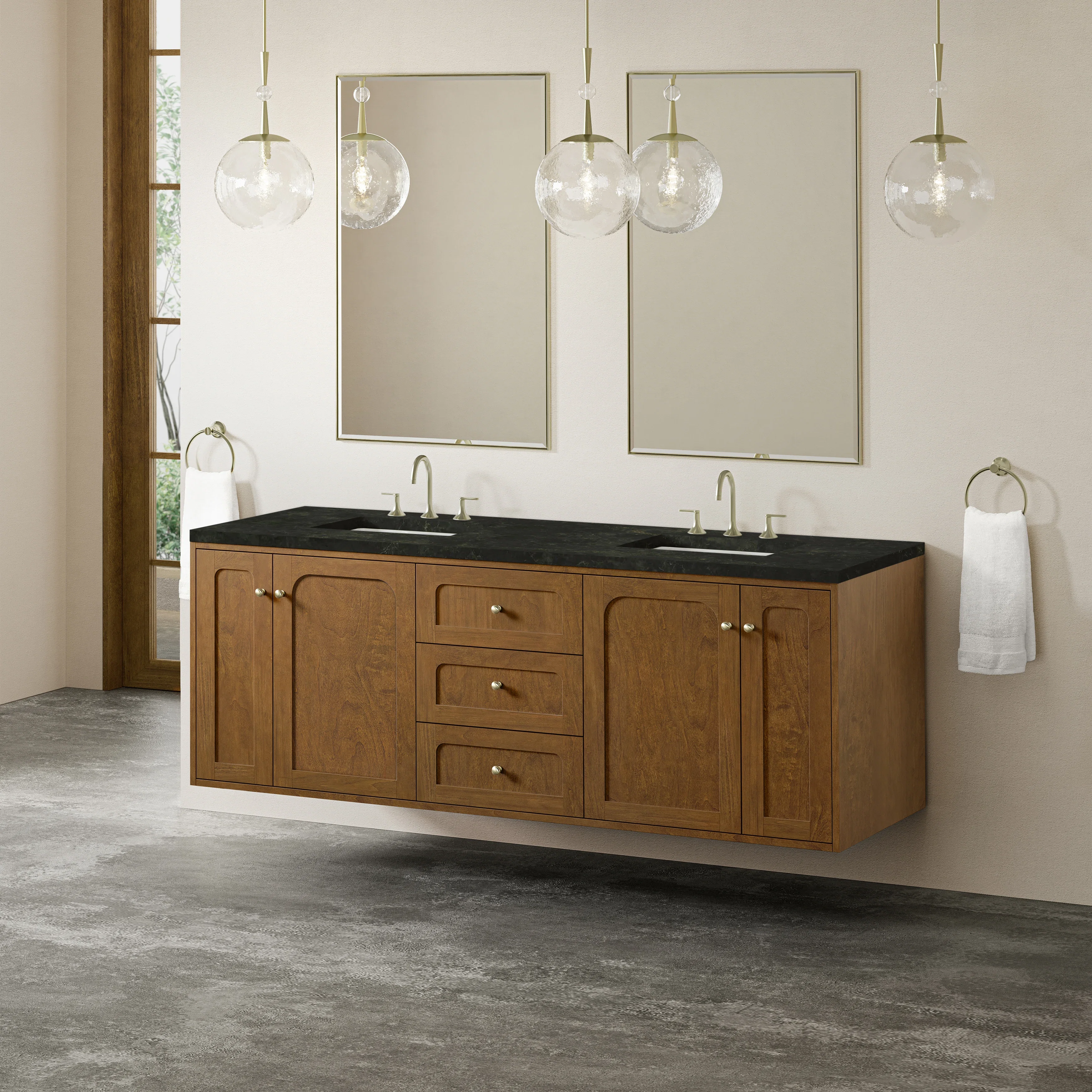 Laurent 72" Double Vanity, Honey Oak w/ 3 CM Phantome Eclos Top