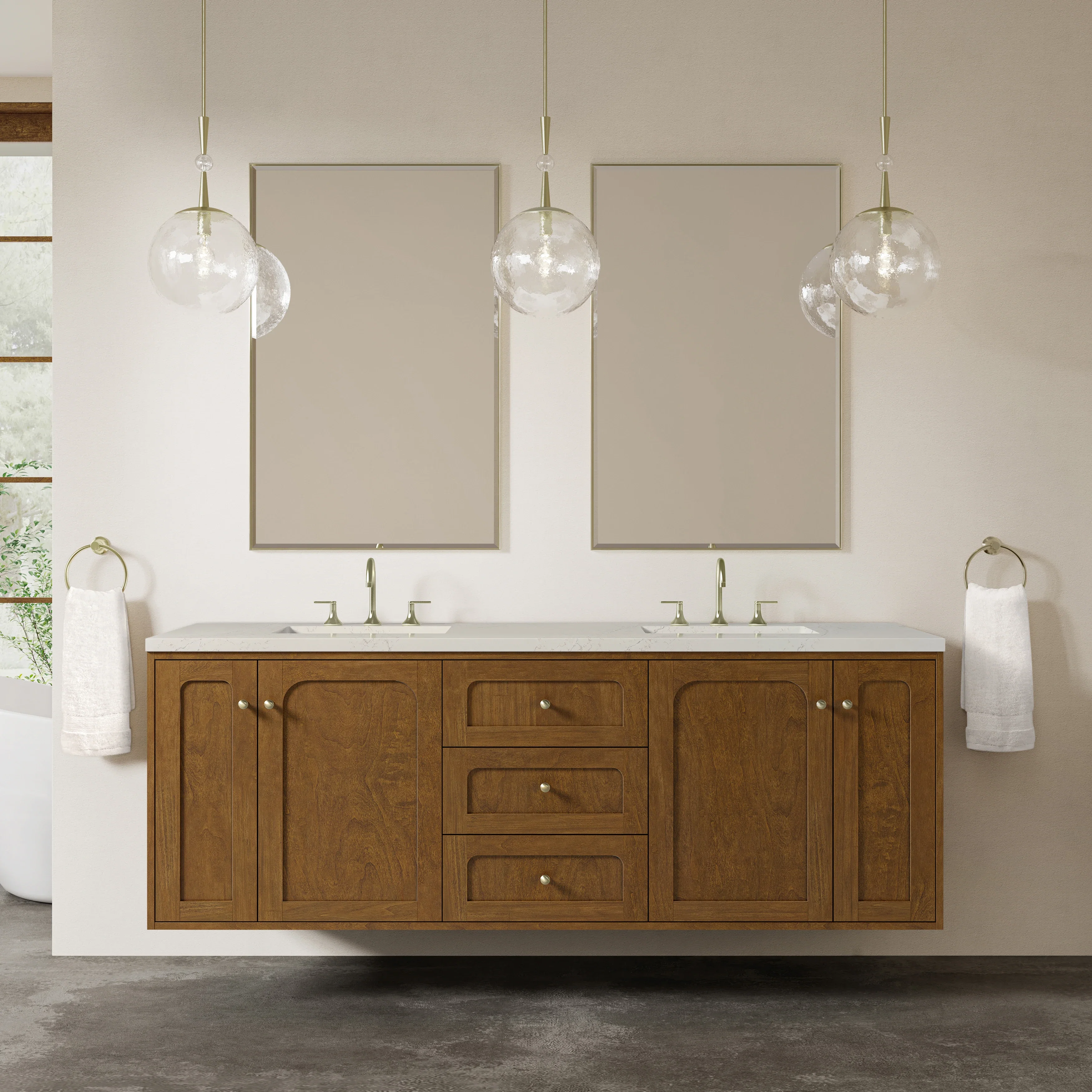 Laurent 72" Double Vanity, Honey Oak w/ 3 CM Siberian Silestone Top