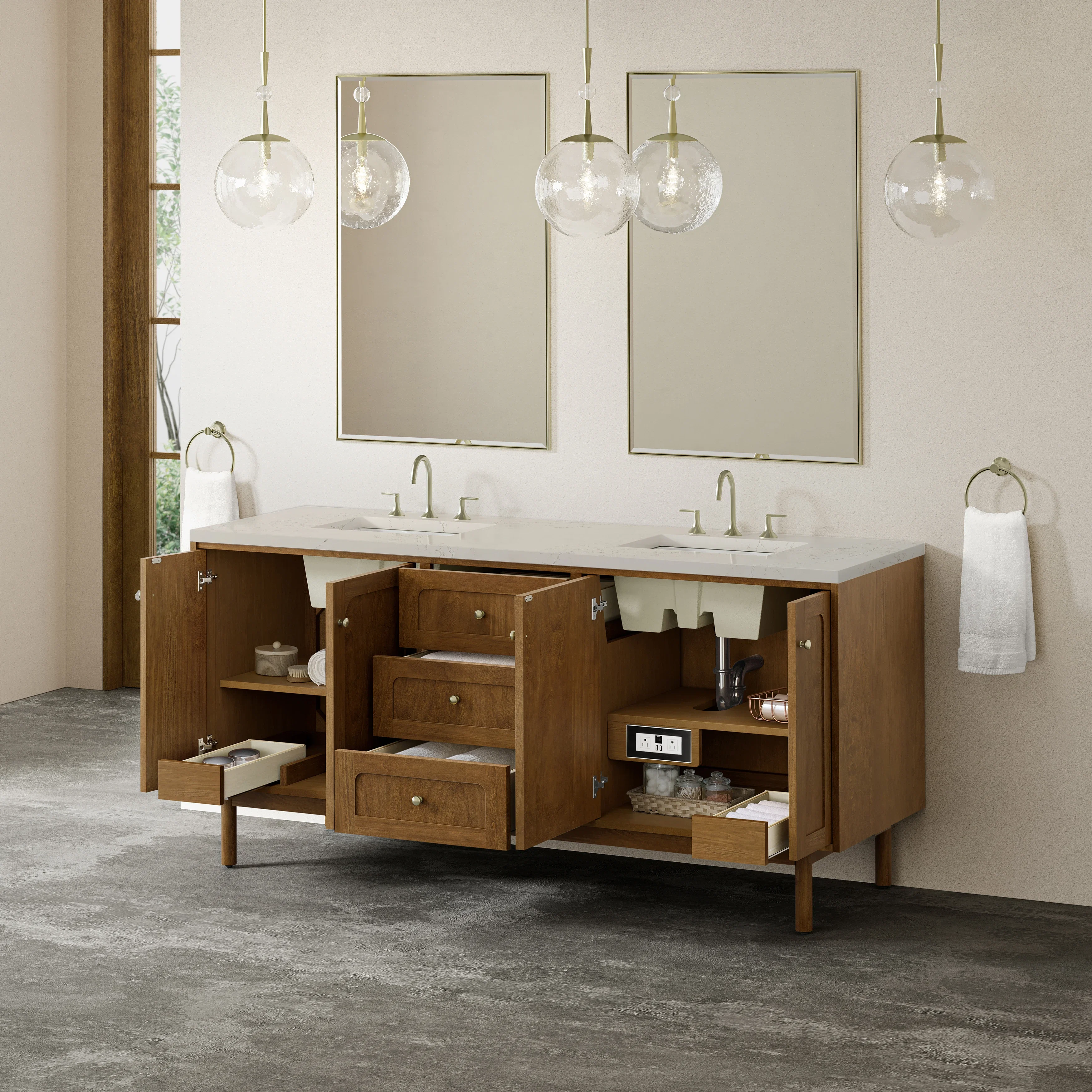 Laurent 72" Double Vanity, Honey Oak w/ 3 CM Siberian Silestone Top