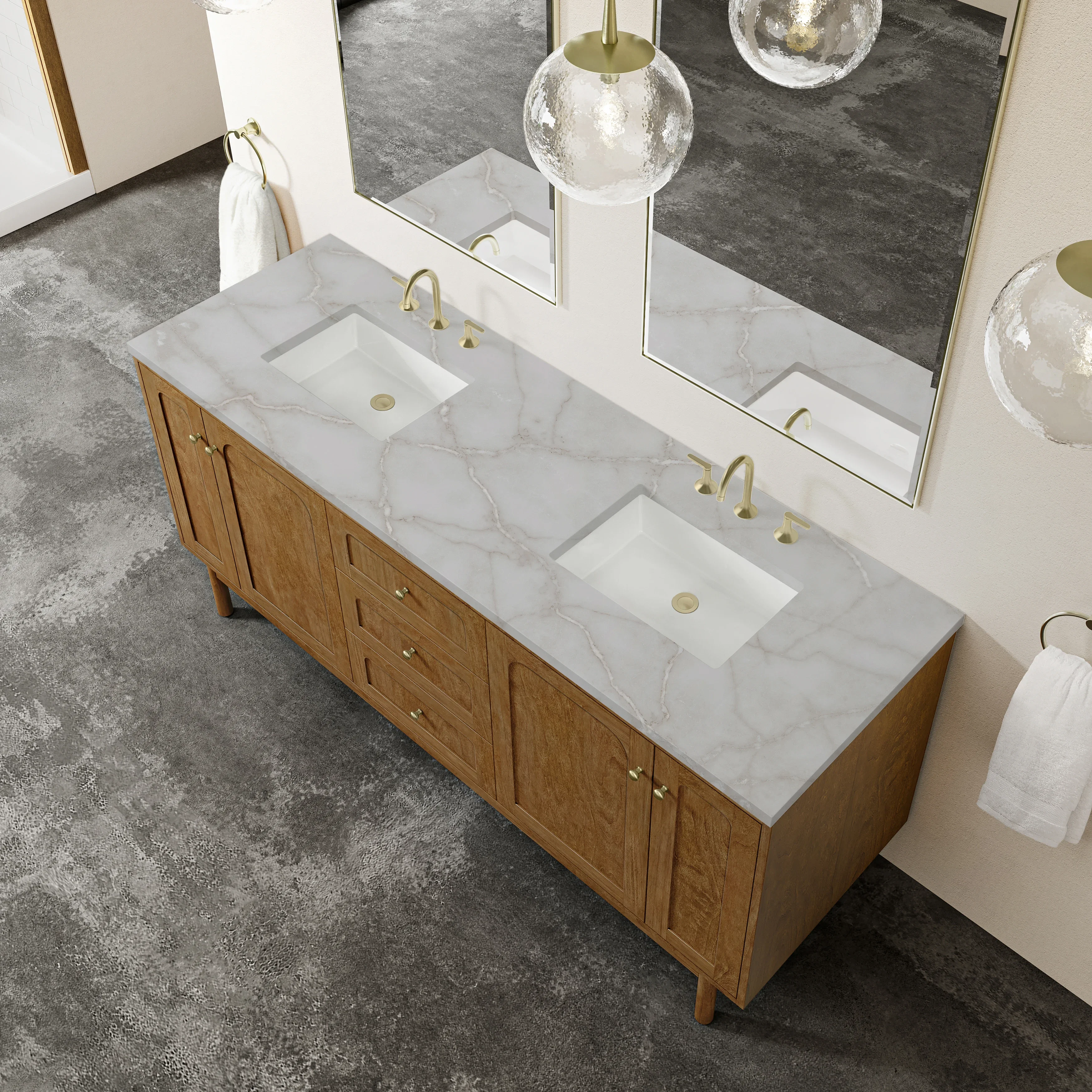 Laurent 72" Double Vanity, Honey Oak w/ 3 CM Victorian Silver Silestone Top