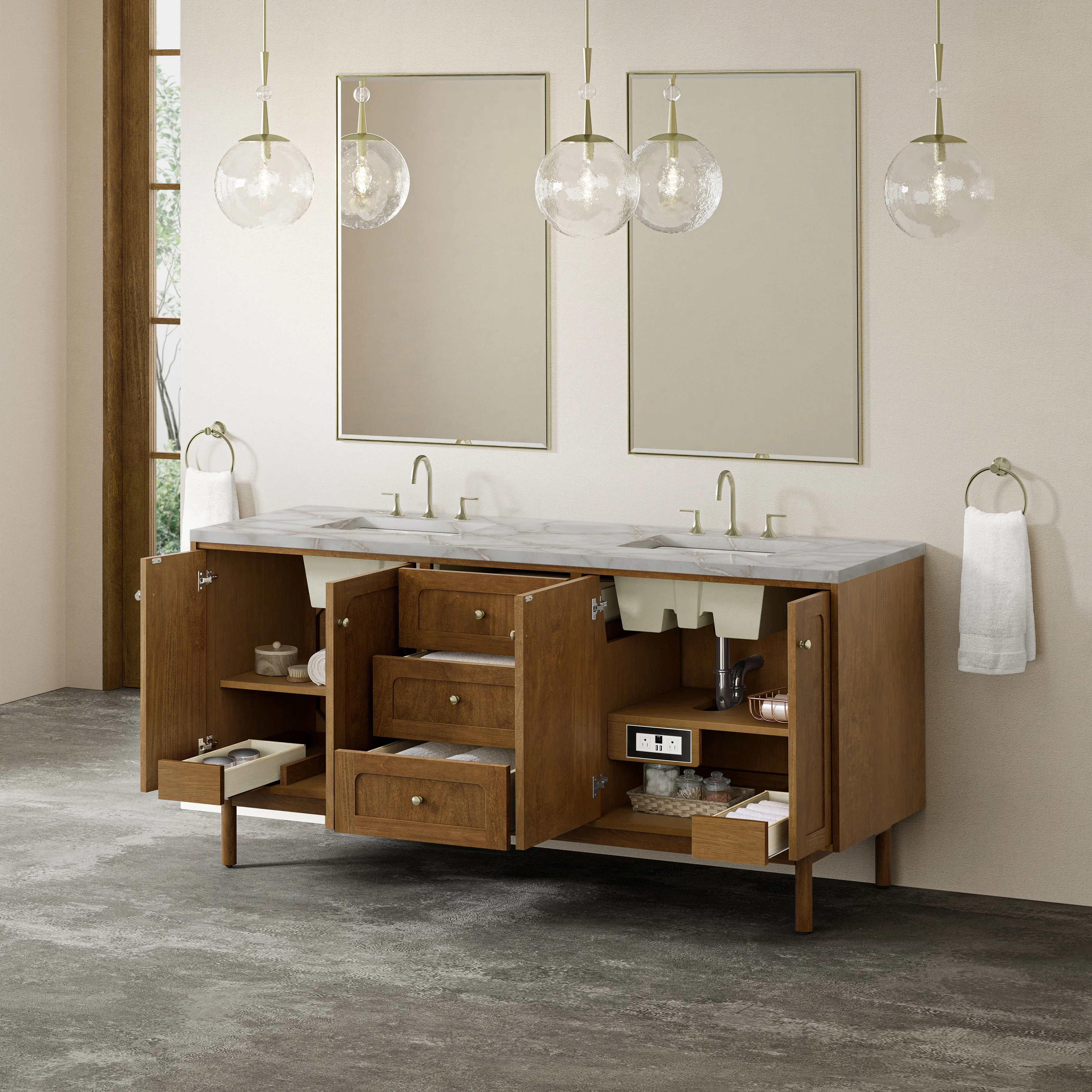 Laurent 72" Double Vanity, Honey Oak w/ 3 CM Victorian Silver Silestone Top